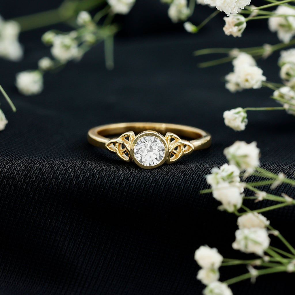 Bezel Set Moissanite Promise Ring with Celtic Knot Details