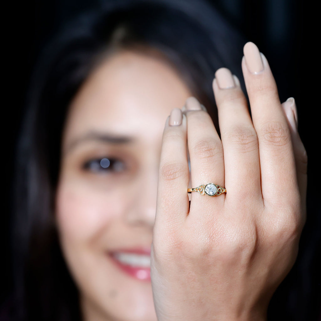 Bezel Set Moissanite Promise Ring with Celtic Knot Details