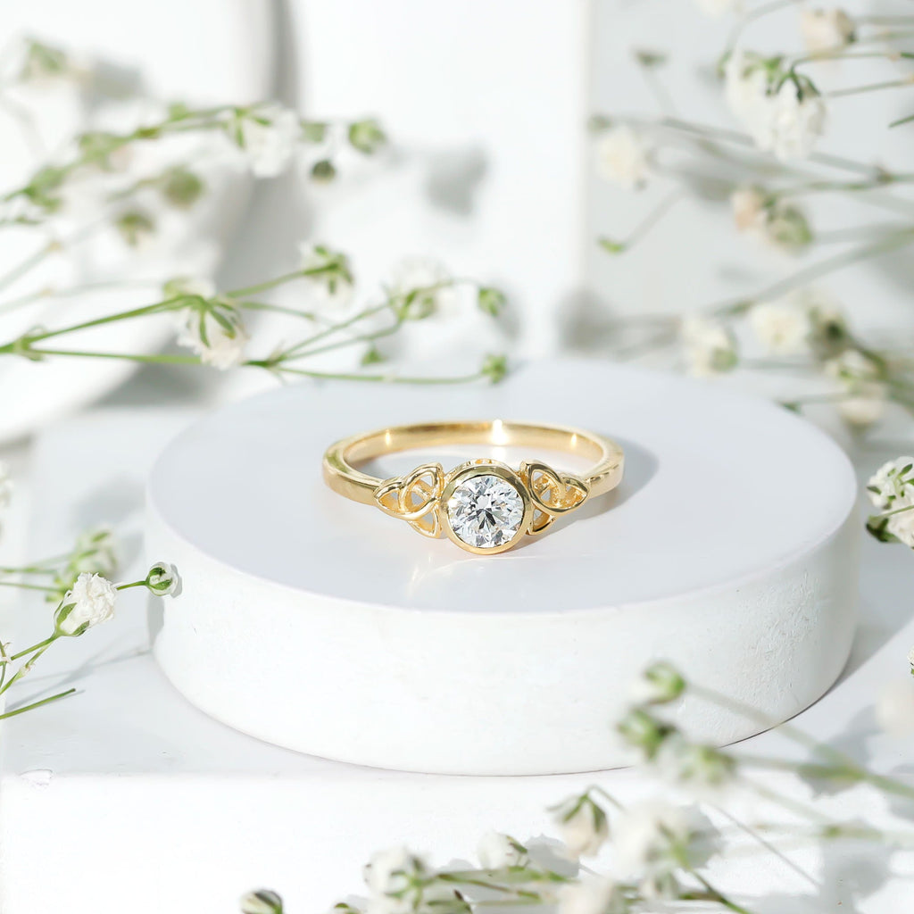 Bezel Set Moissanite Promise Ring with Celtic Knot Details