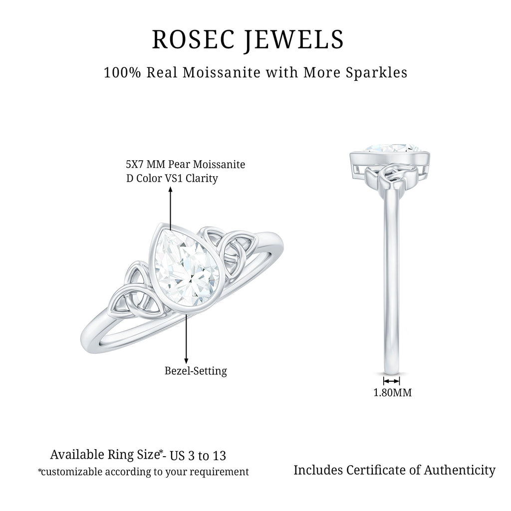Bezel Set Moissanite Pear Cut Solitaire Celtic Ring for Women