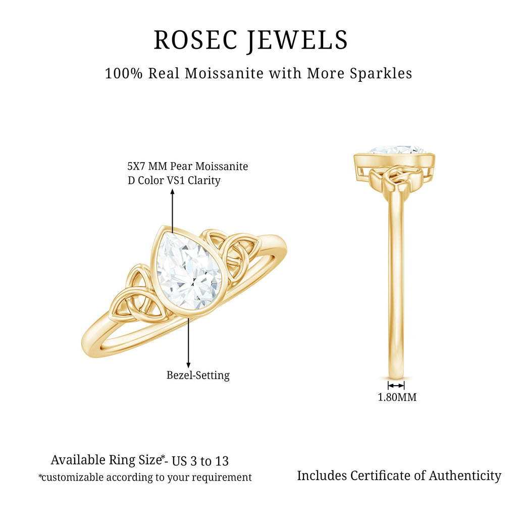 Bezel Set Moissanite Pear Cut Solitaire Celtic Ring for Women