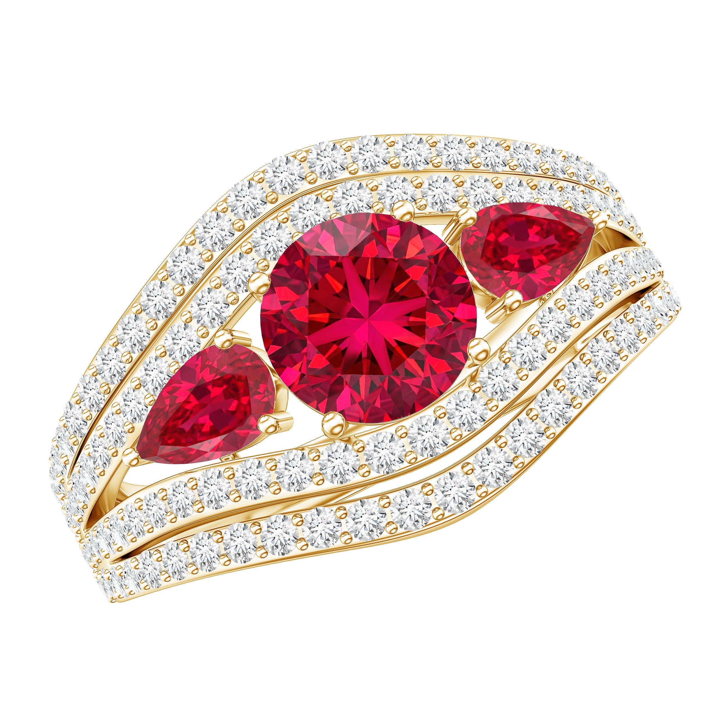 Designer Lab Created Ruby 3 Stone Engagement Ring With Moissanite