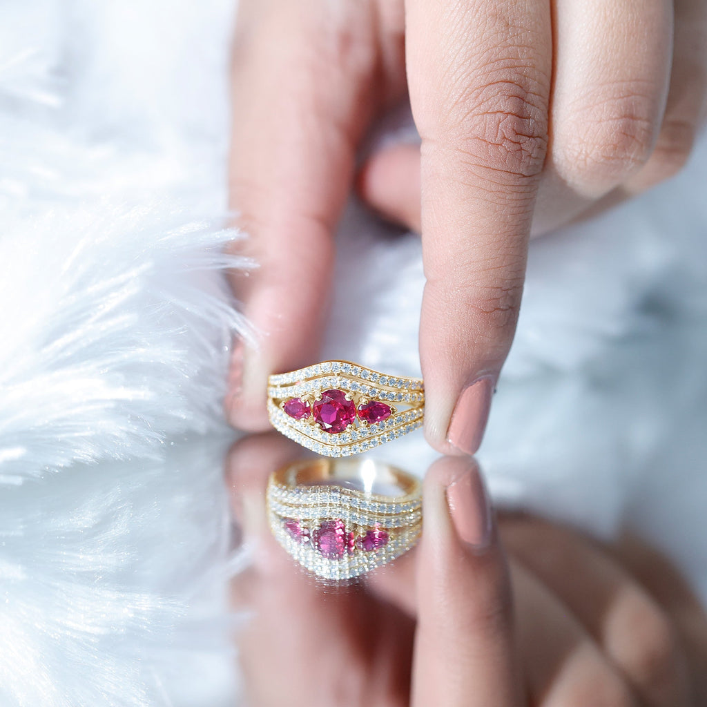 Designer Lab Created Ruby 3 Stone Engagement Ring With Moissanite