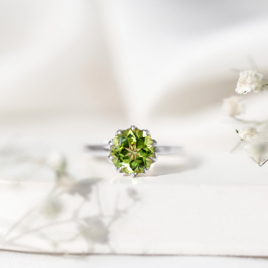 Genuine 2 Carat Peridot Engagement Ring in Lotus Basket Setting