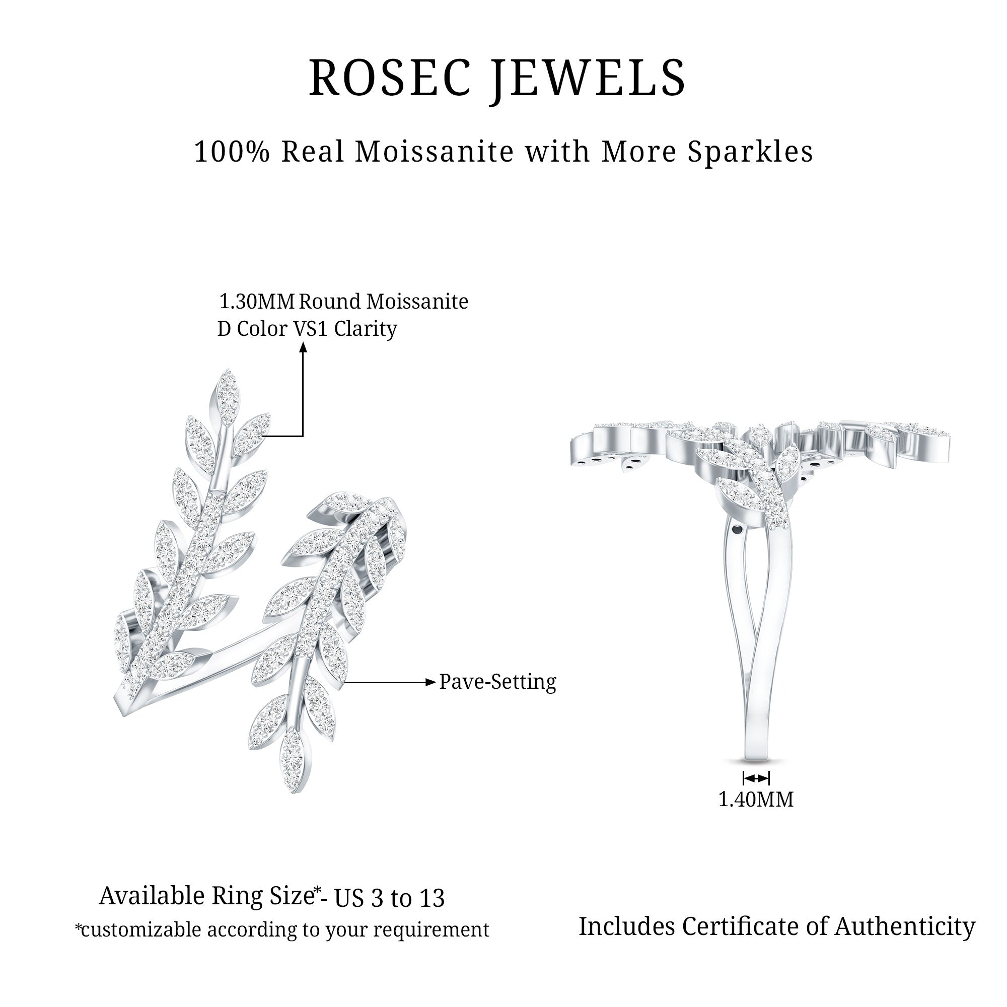 Certified Moissanite Leaf Wrap Ring for Women