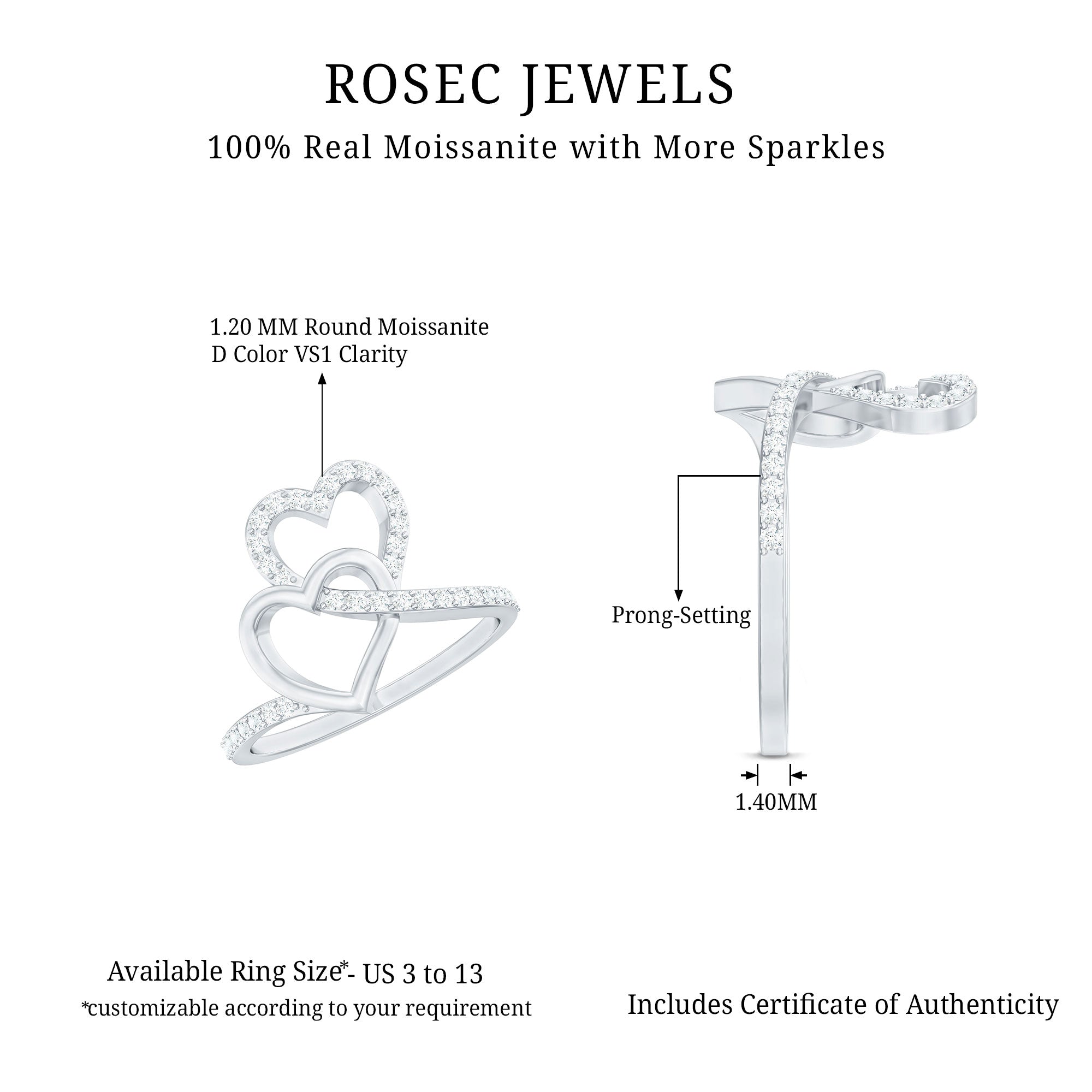 Certified Moissanite 2 Heart Promise Ring