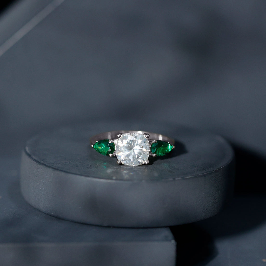 3 CT Moissanite Three Stone Engagement Ring With Emerald