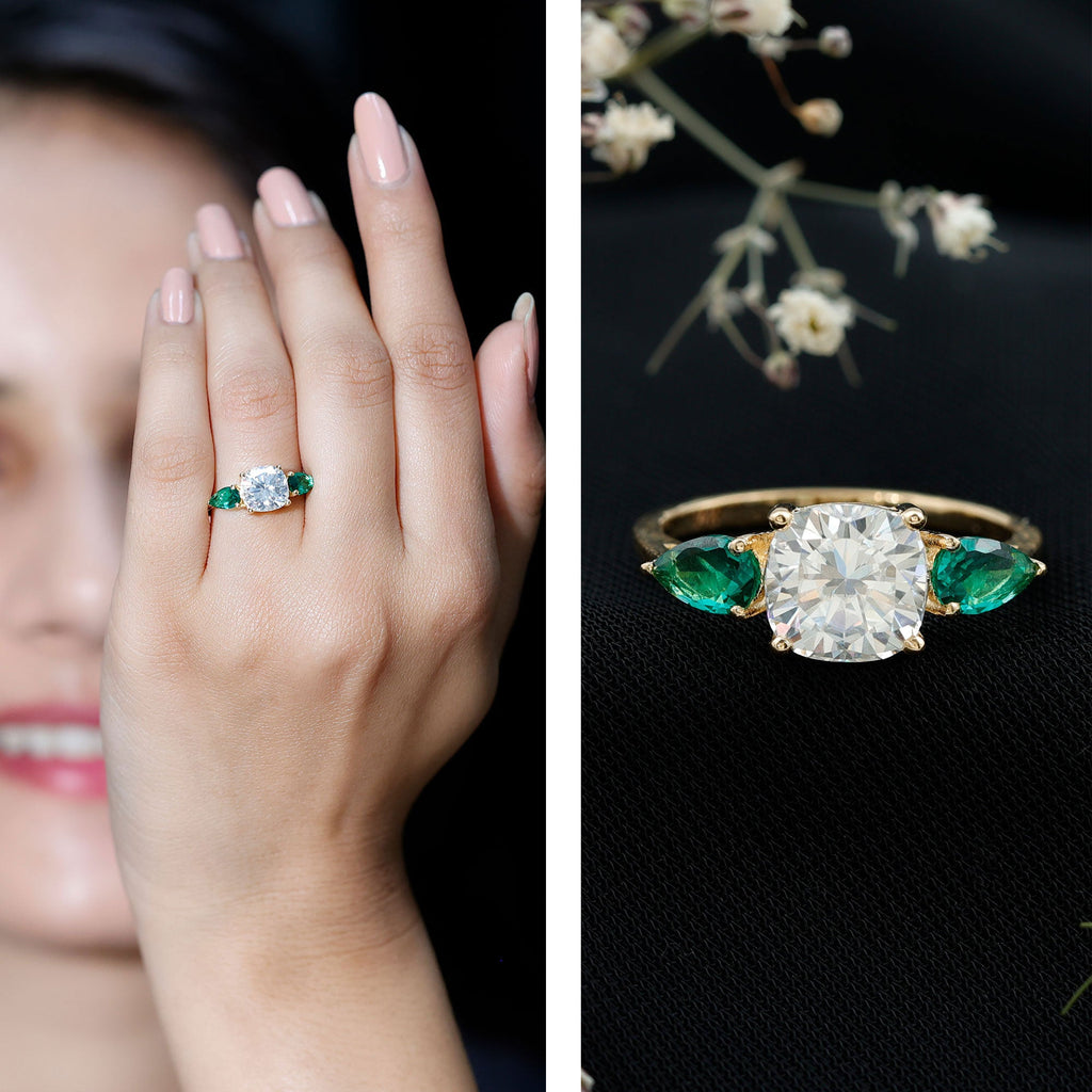 3 CT Moissanite Three Stone Engagement Ring With Emerald