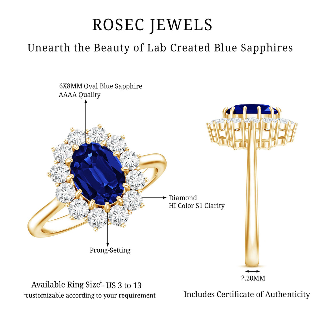 Certified 1.5 Carat Oval Lab Grown Blue Sapphire Princess Diana Engagement Ring with Diamond