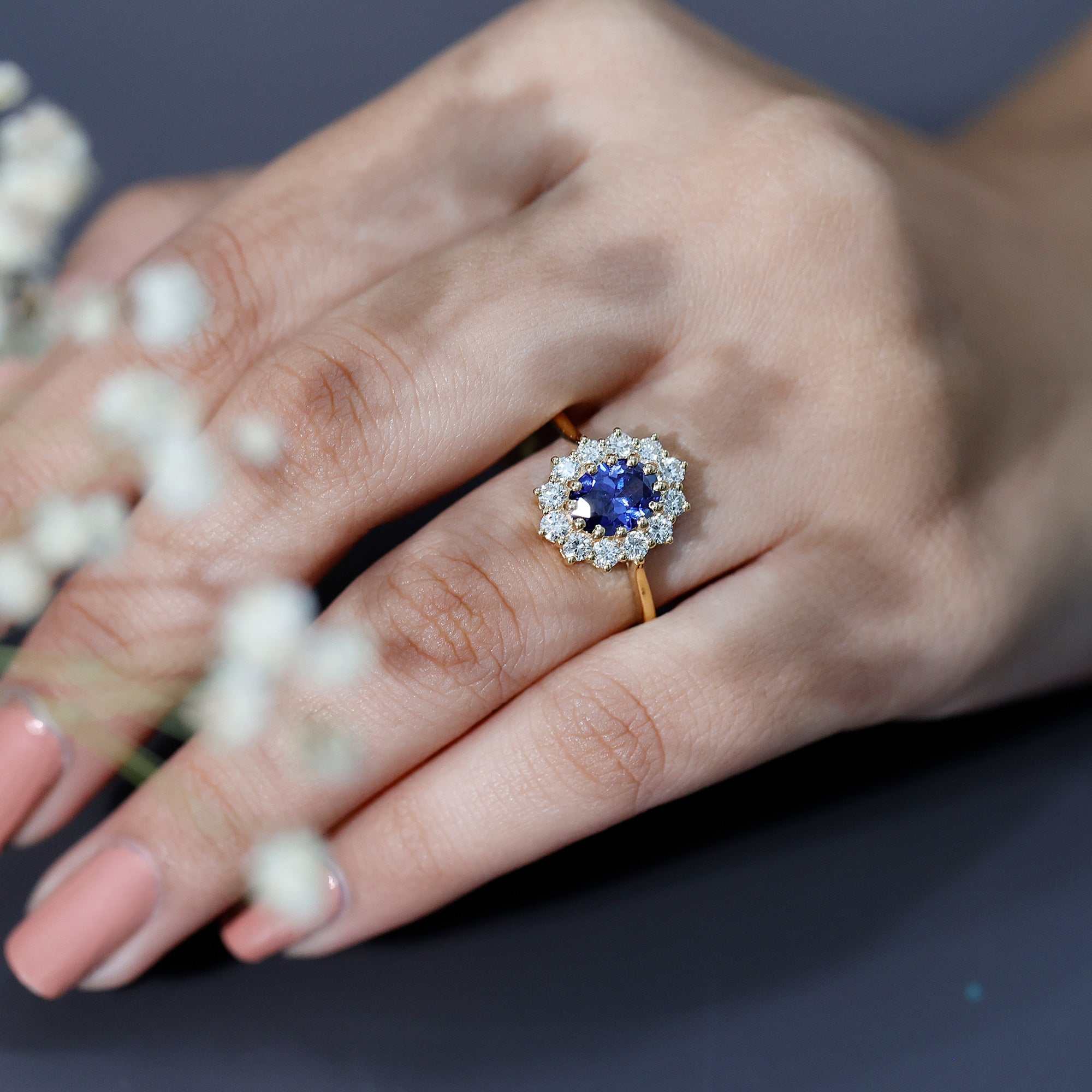 Certified 1.5 Carat Oval Lab Grown Blue Sapphire Princess Diana Engagement Ring with Diamond