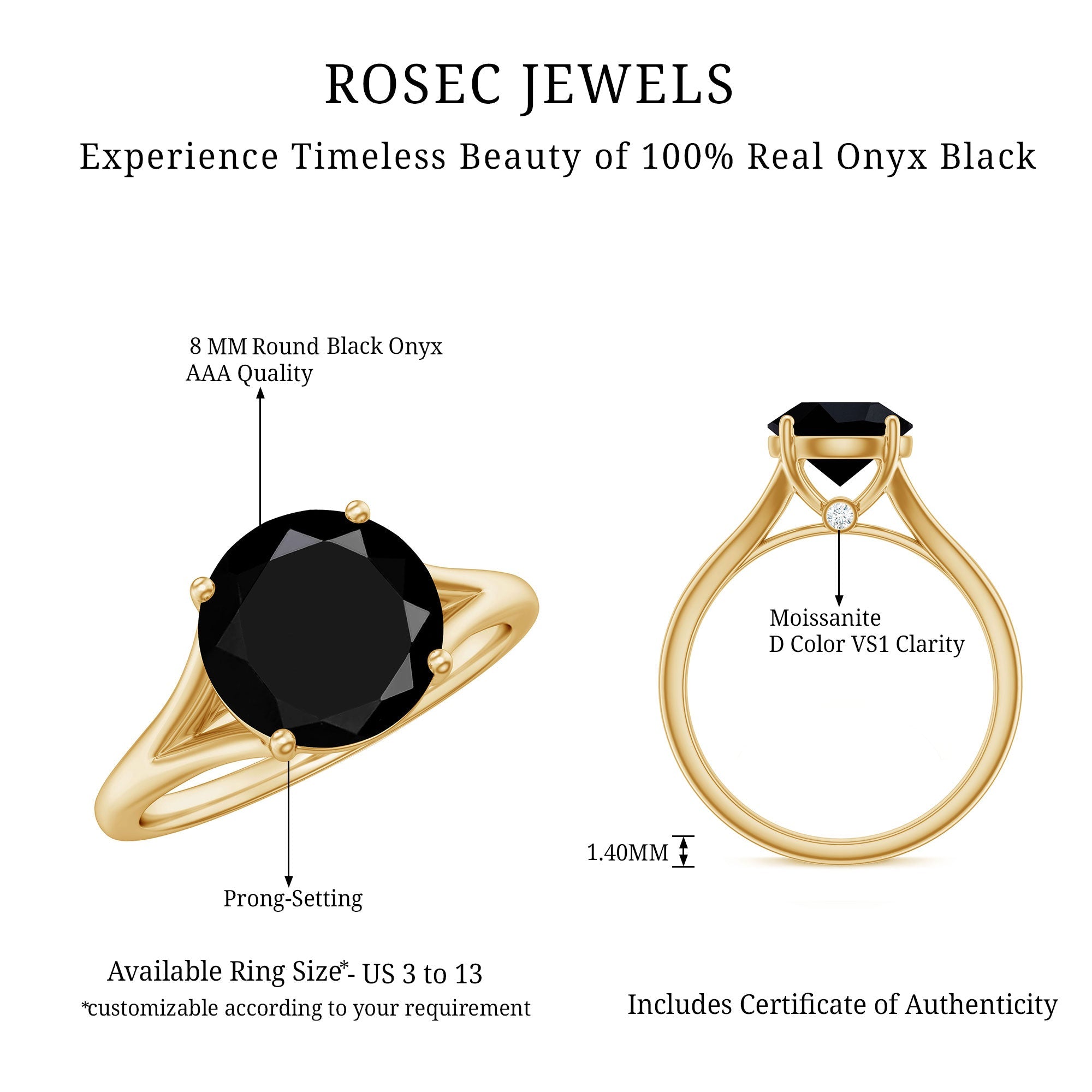 Real 2 Carat Black Onyx Solitaire Ring with Hidden Moissanite