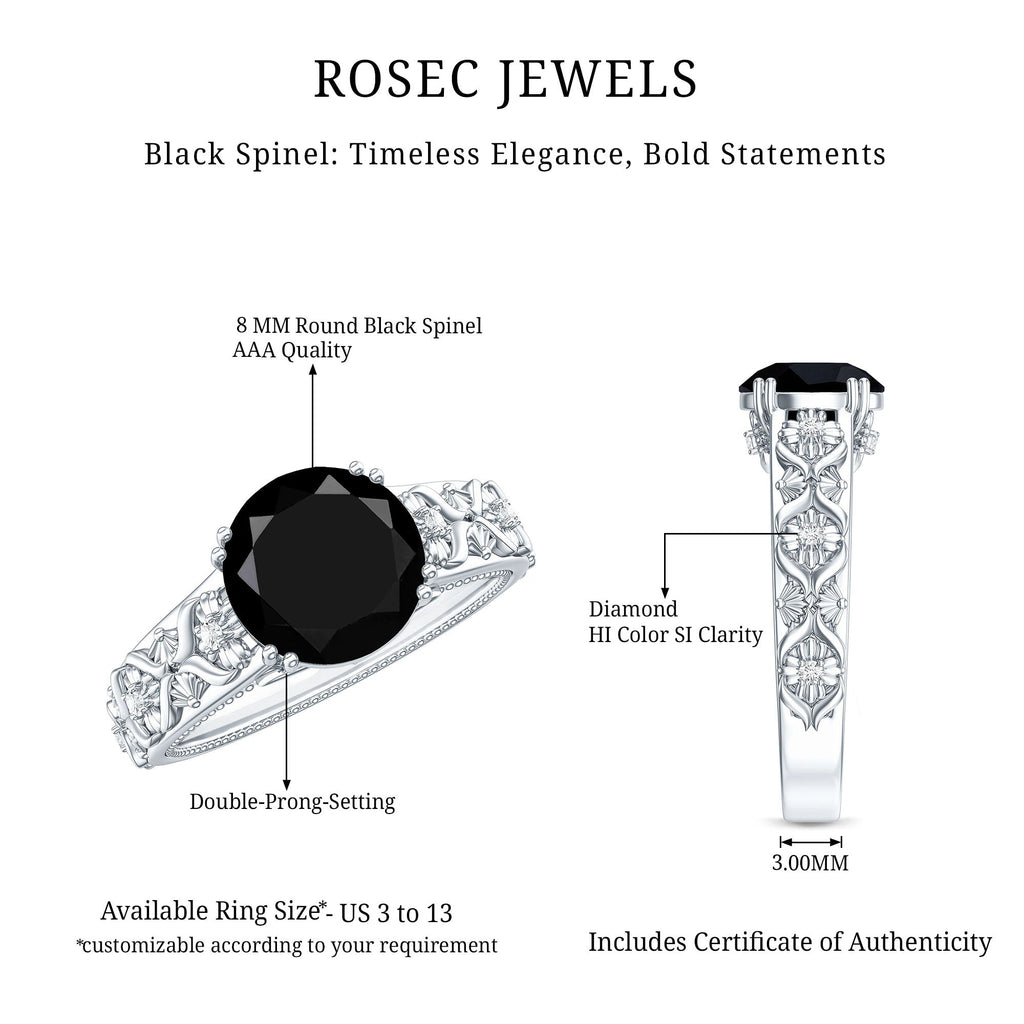 Nature Inspired Black Spinel Solitaire Engagement Ring with Diamond