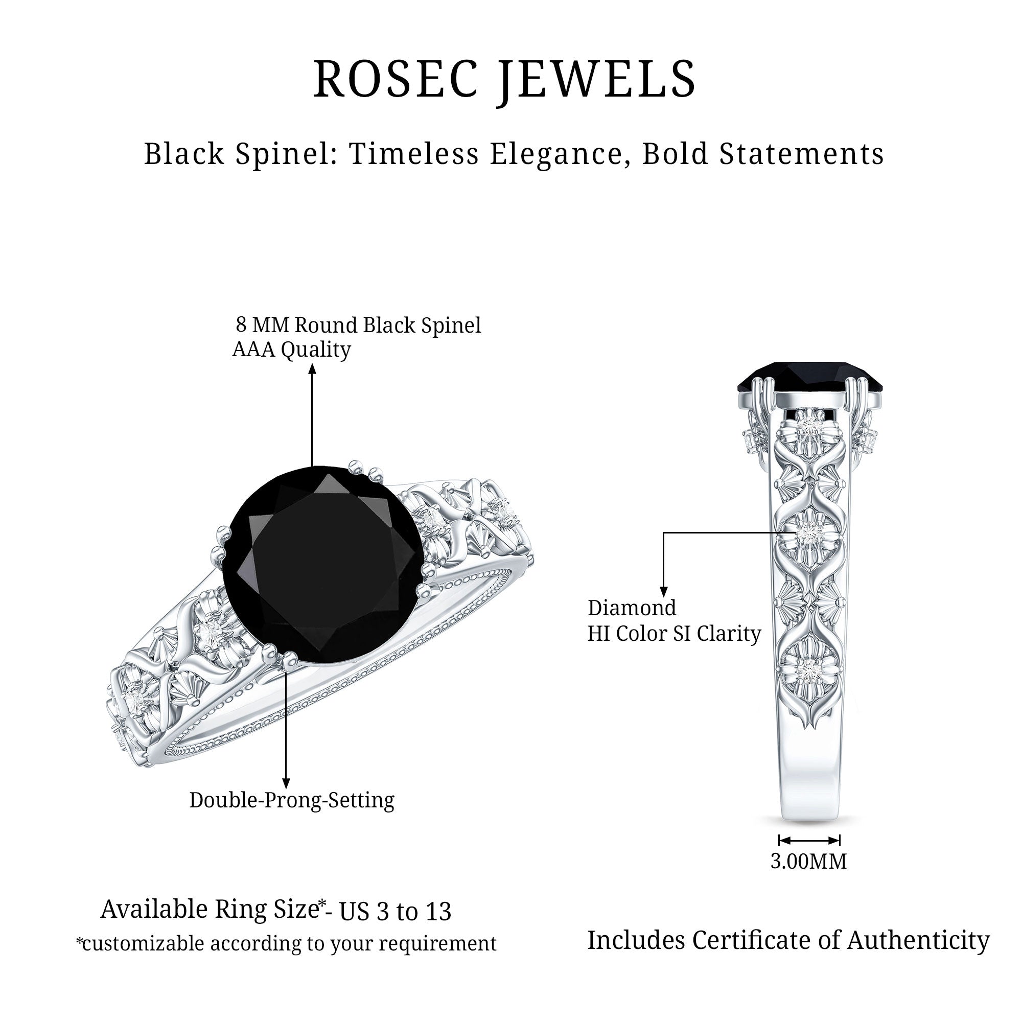 Nature Inspired Black Spinel Solitaire Engagement Ring with Diamond