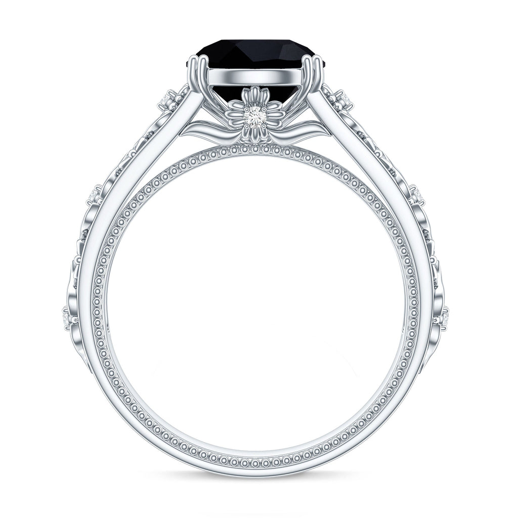 Nature Inspired Black Spinel Solitaire Engagement Ring with Diamond