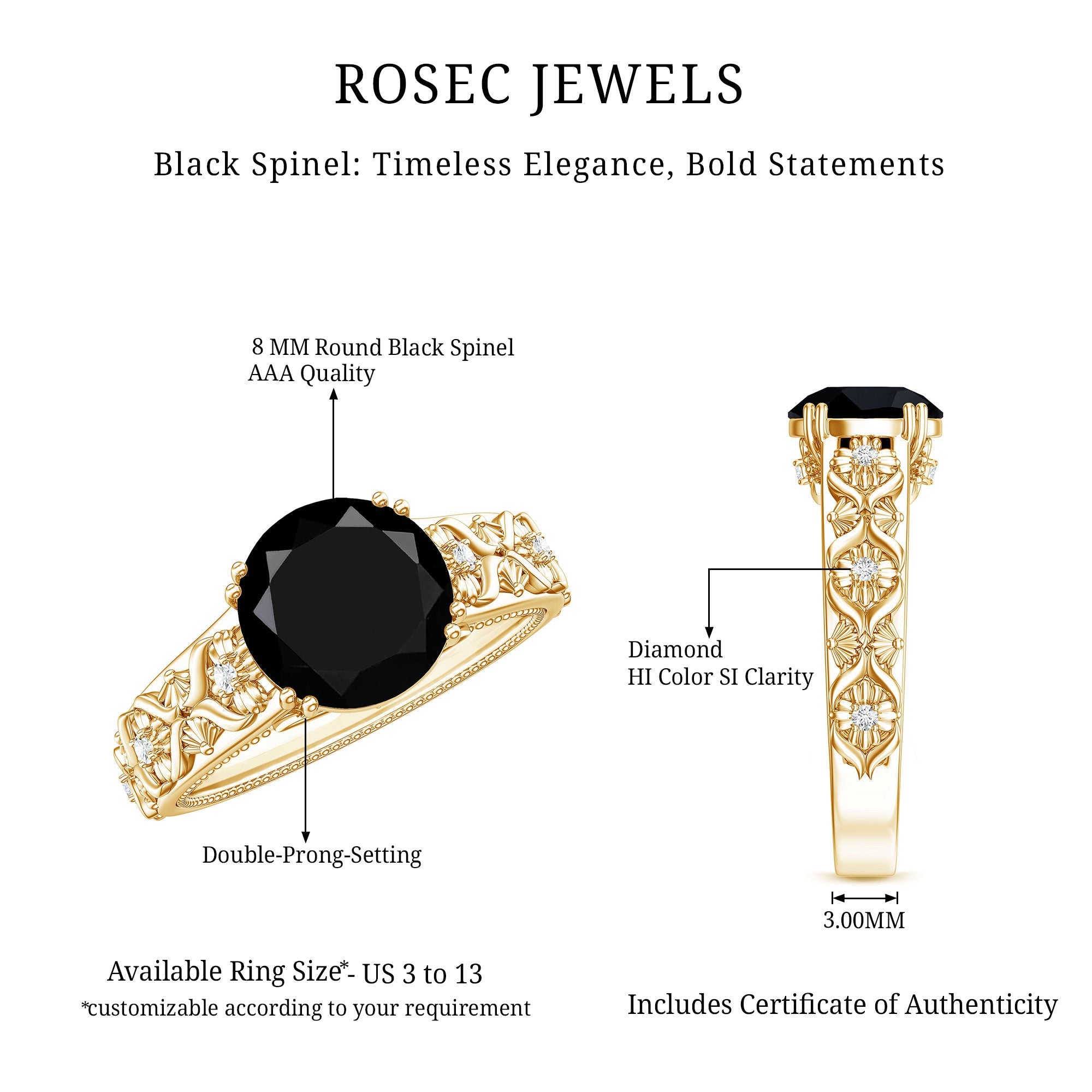 Nature Inspired Black Spinel Solitaire Engagement Ring with Diamond