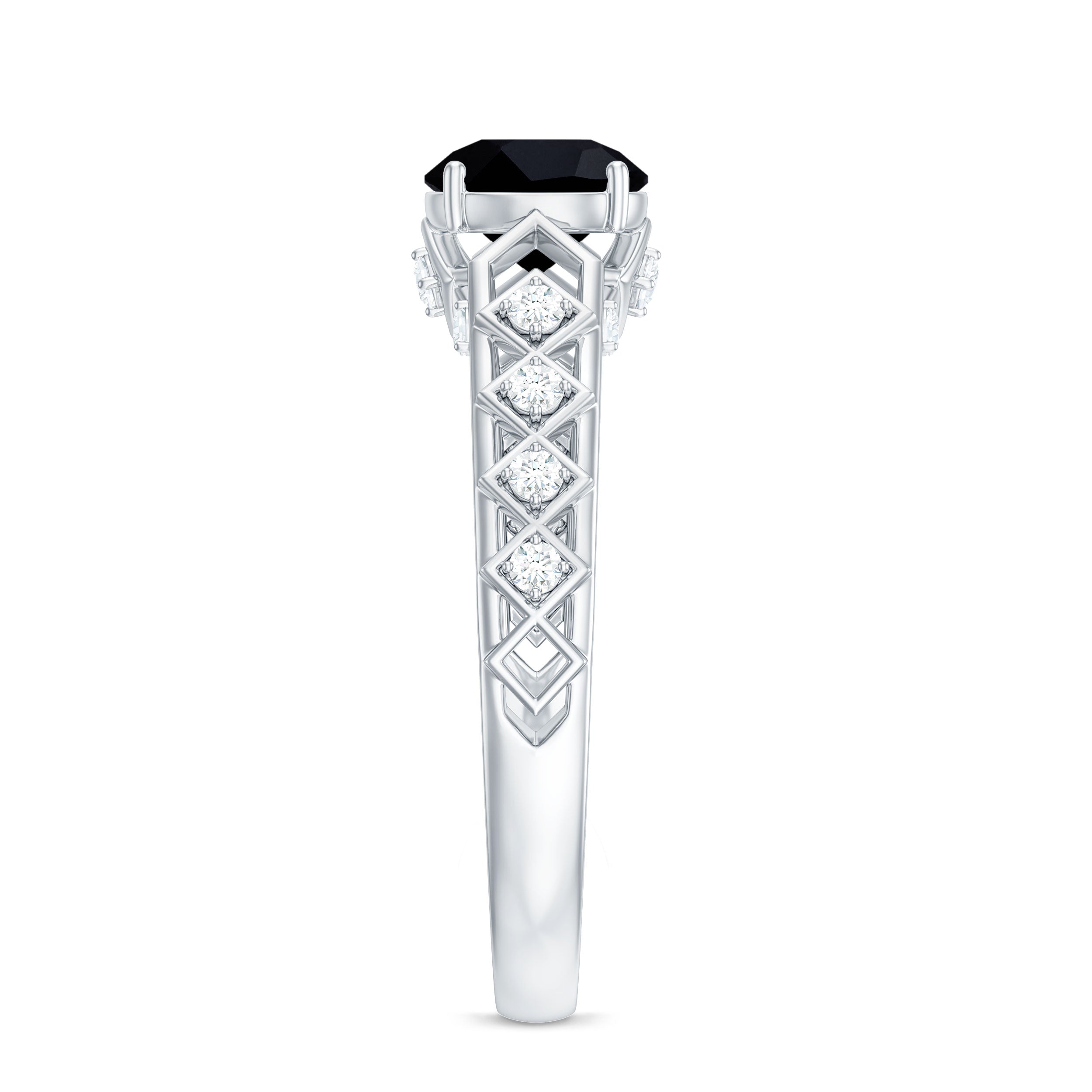 Art Deco Inspired Black Spinel Solitaire Engagement Ring with Diamond