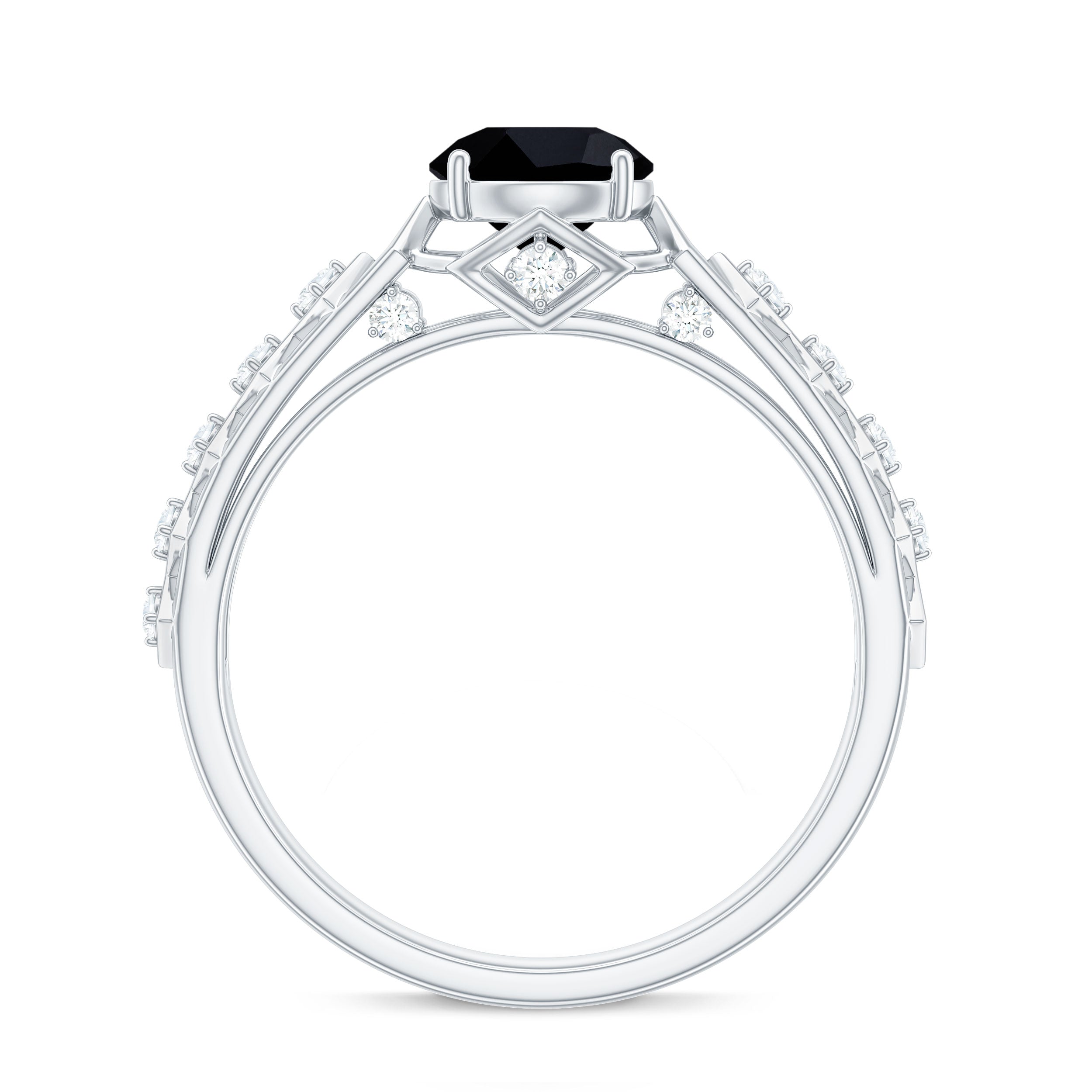 Art Deco Inspired Black Spinel Solitaire Engagement Ring with Diamond