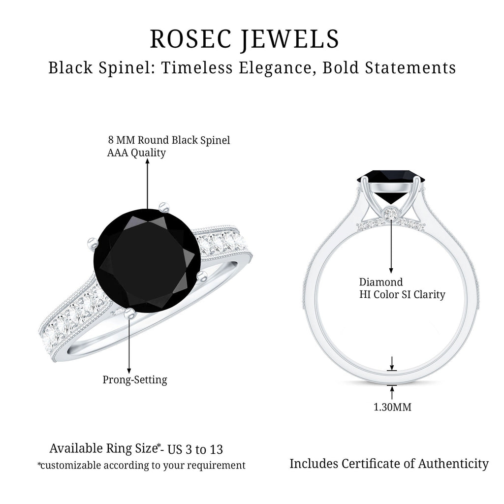 Natural Black Spinel Solitaire Engagement Ring with Diamond Side Stones