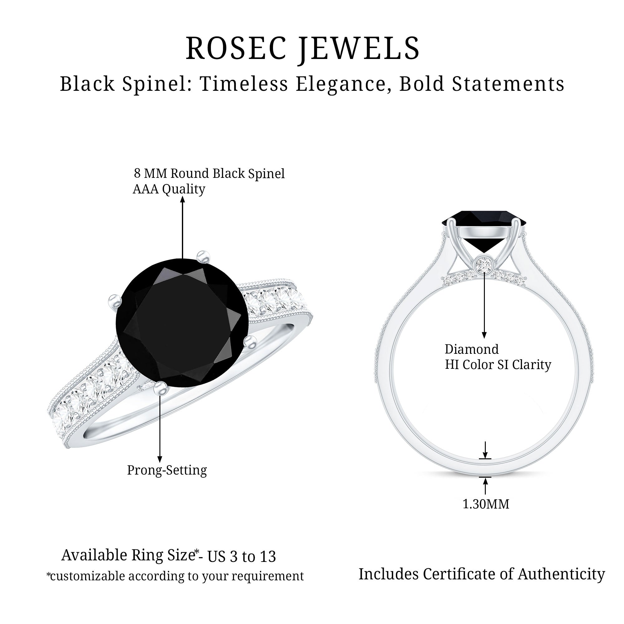 Natural Black Spinel Solitaire Engagement Ring with Diamond Side Stones