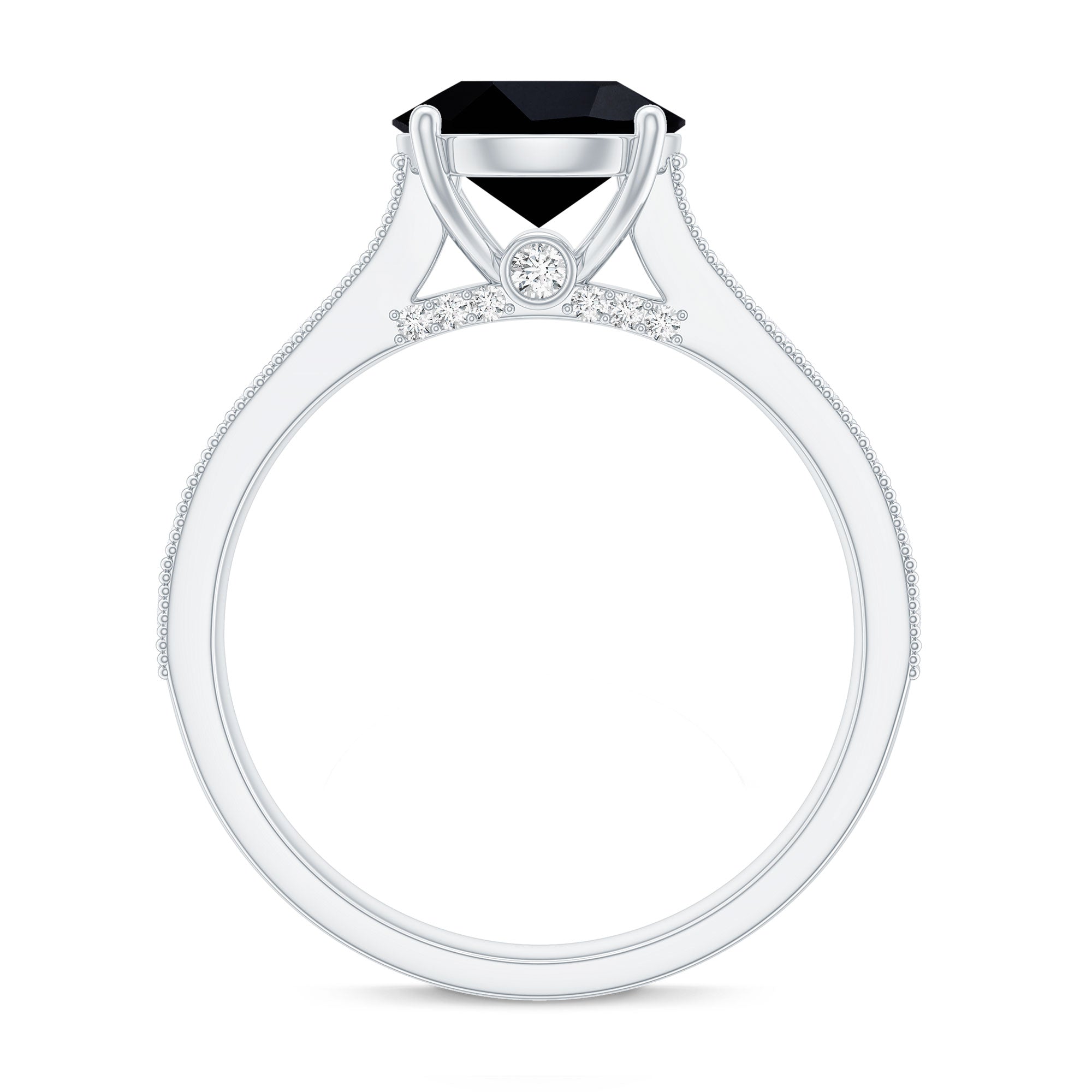 Natural Black Spinel Solitaire Engagement Ring with Diamond Side Stones