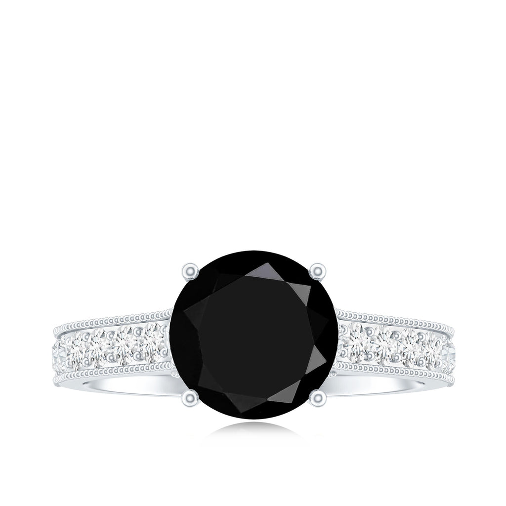 Natural Black Spinel Solitaire Engagement Ring with Diamond Side Stones