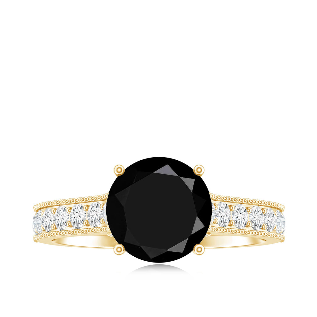 Natural Black Spinel Solitaire Engagement Ring with Diamond Side Stones