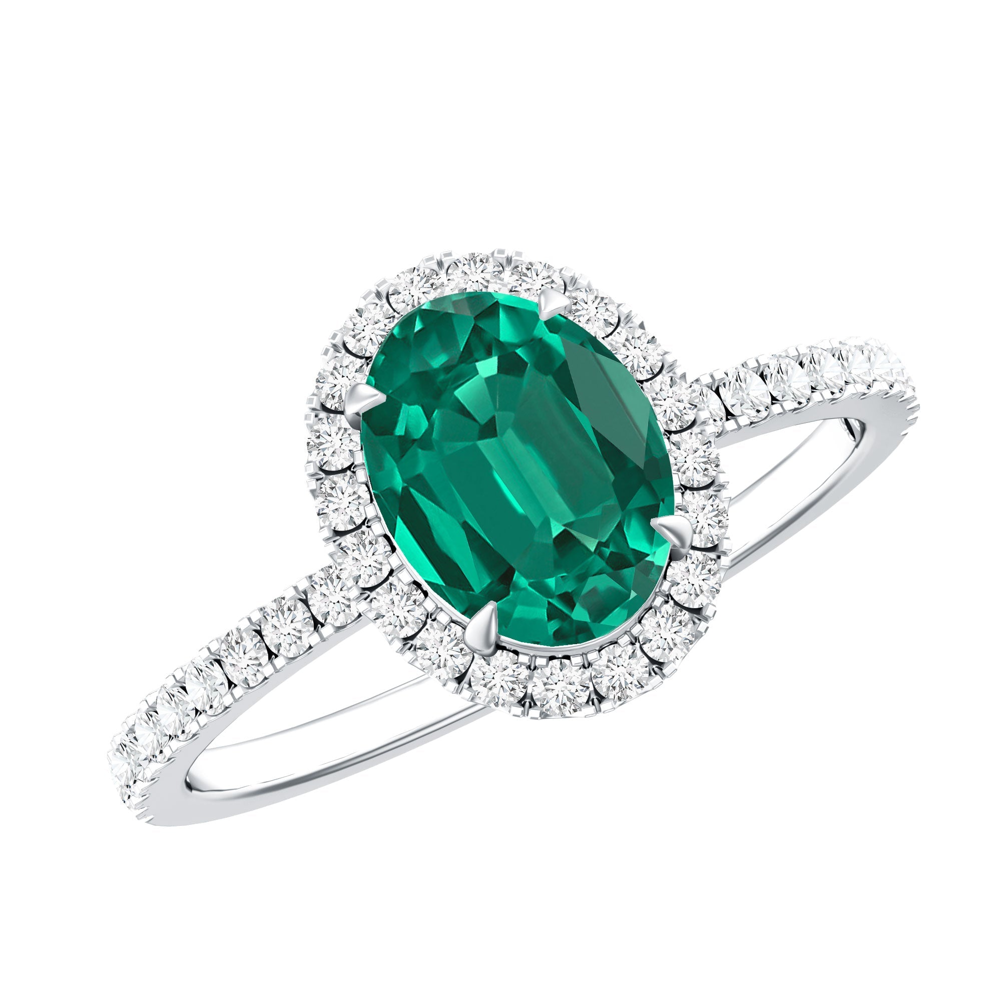 6x8mm Oval Cut Lab Created Emerald Halo Engagement Ring with Diamond