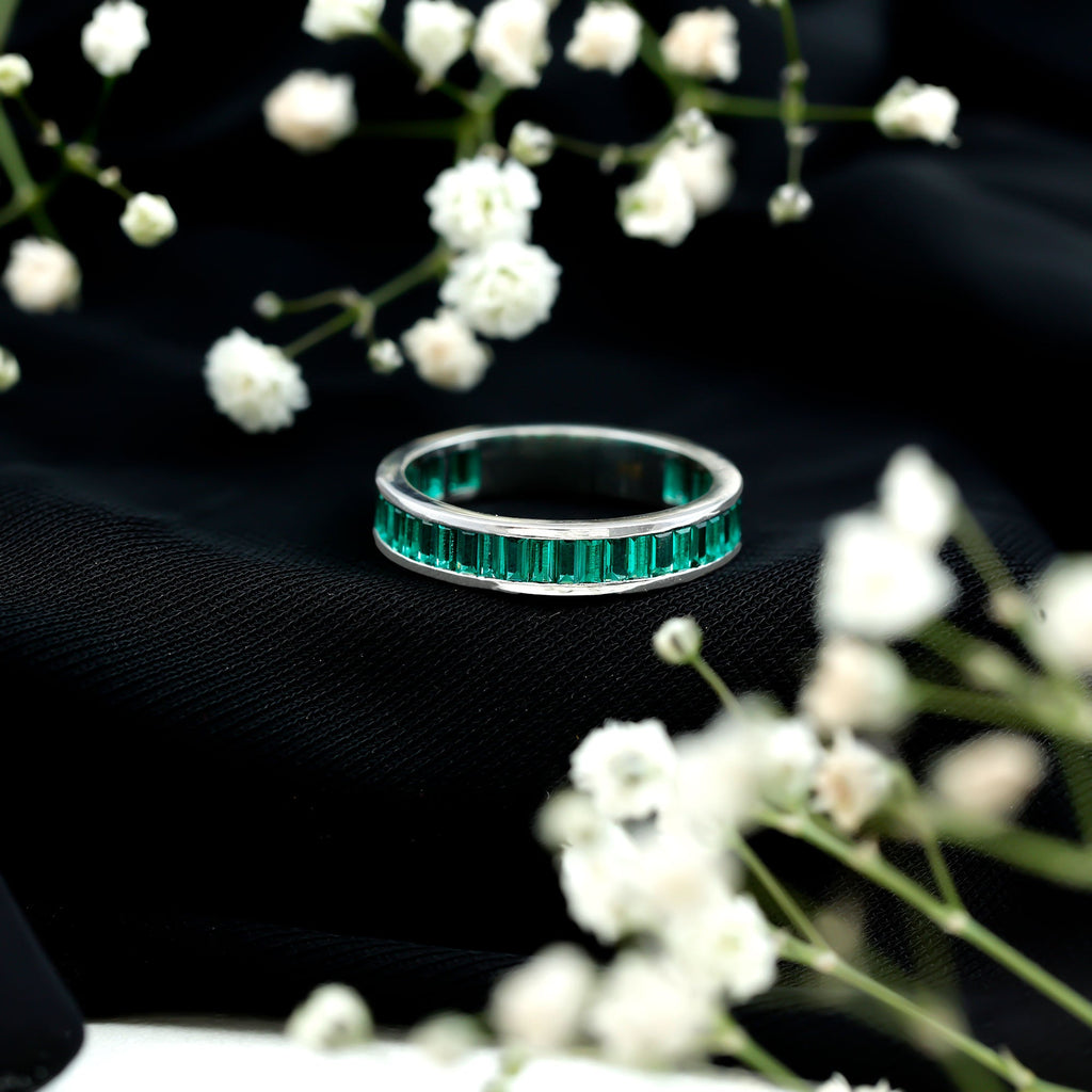 Channel Set Baguette Cut Created Emerald Eternity Band Ring