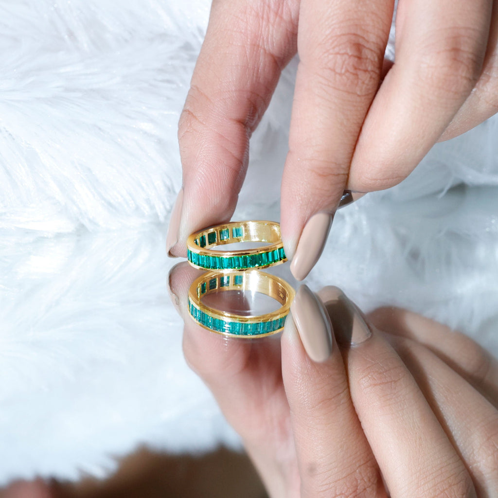 Channel Set Baguette Cut Created Emerald Eternity Band Ring
