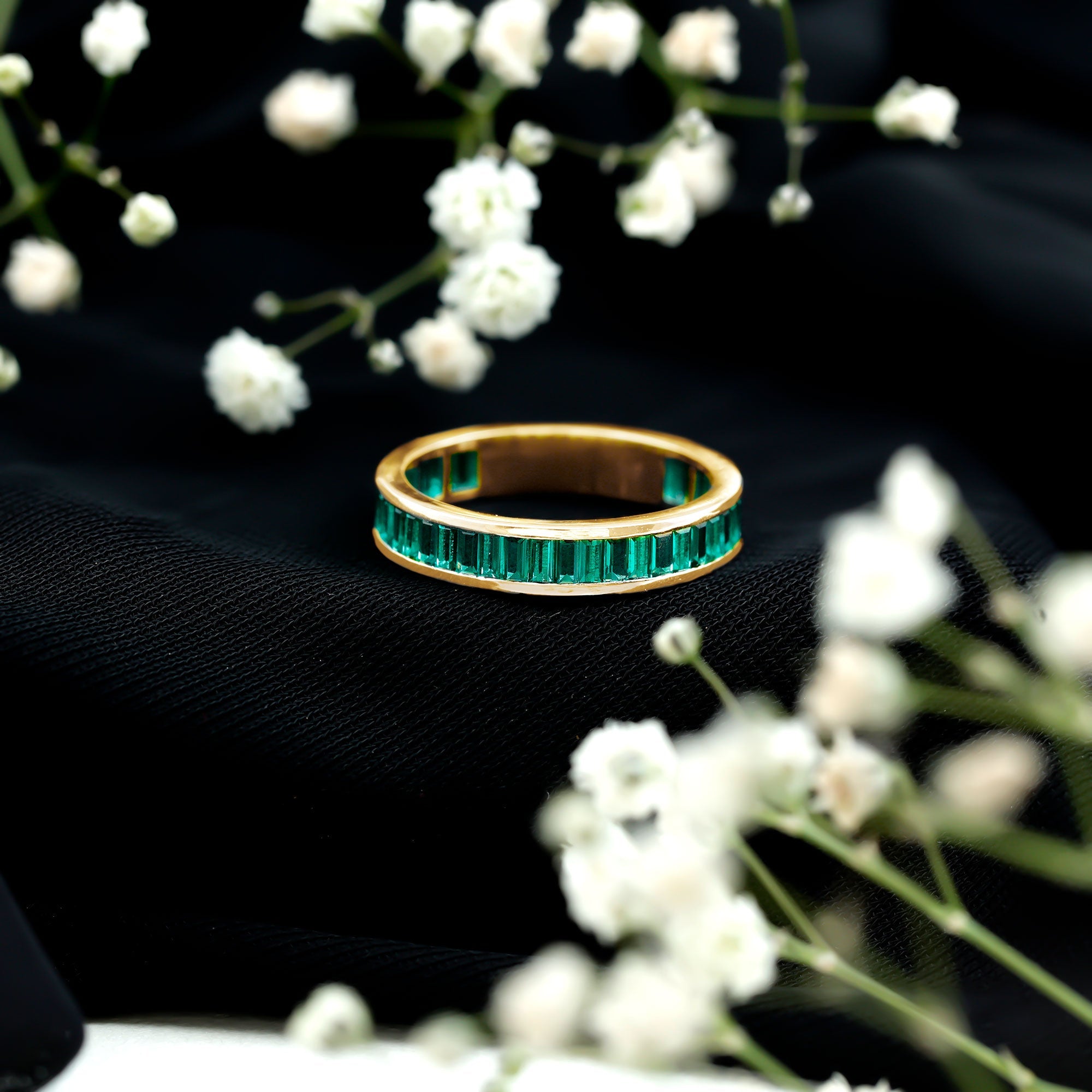 Channel Set Baguette Cut Created Emerald Eternity Band Ring