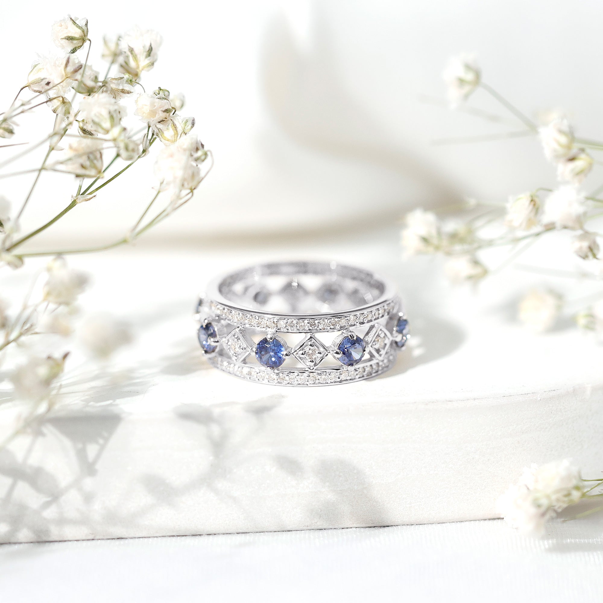 Lab Created Blue Sapphire and Diamond Full Eternity Band Ring