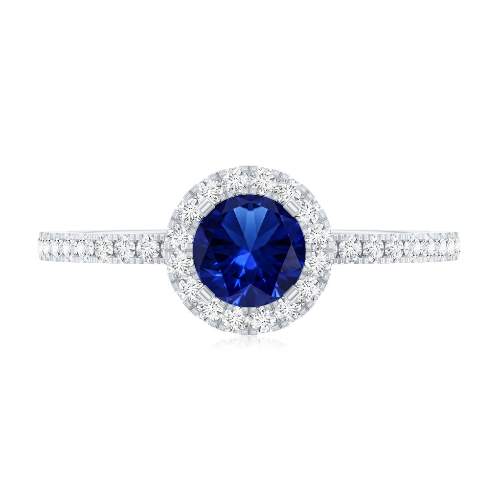 Certified 0.6 Carat Lab Grown Blue Sapphire Engagement Ring with Diamond Halo
