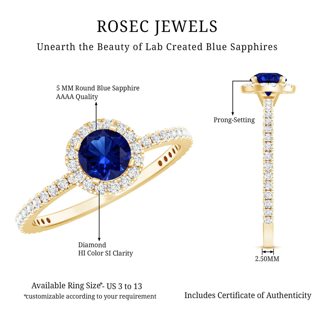 Certified 0.6 Carat Lab Grown Blue Sapphire Engagement Ring with Diamond Halo