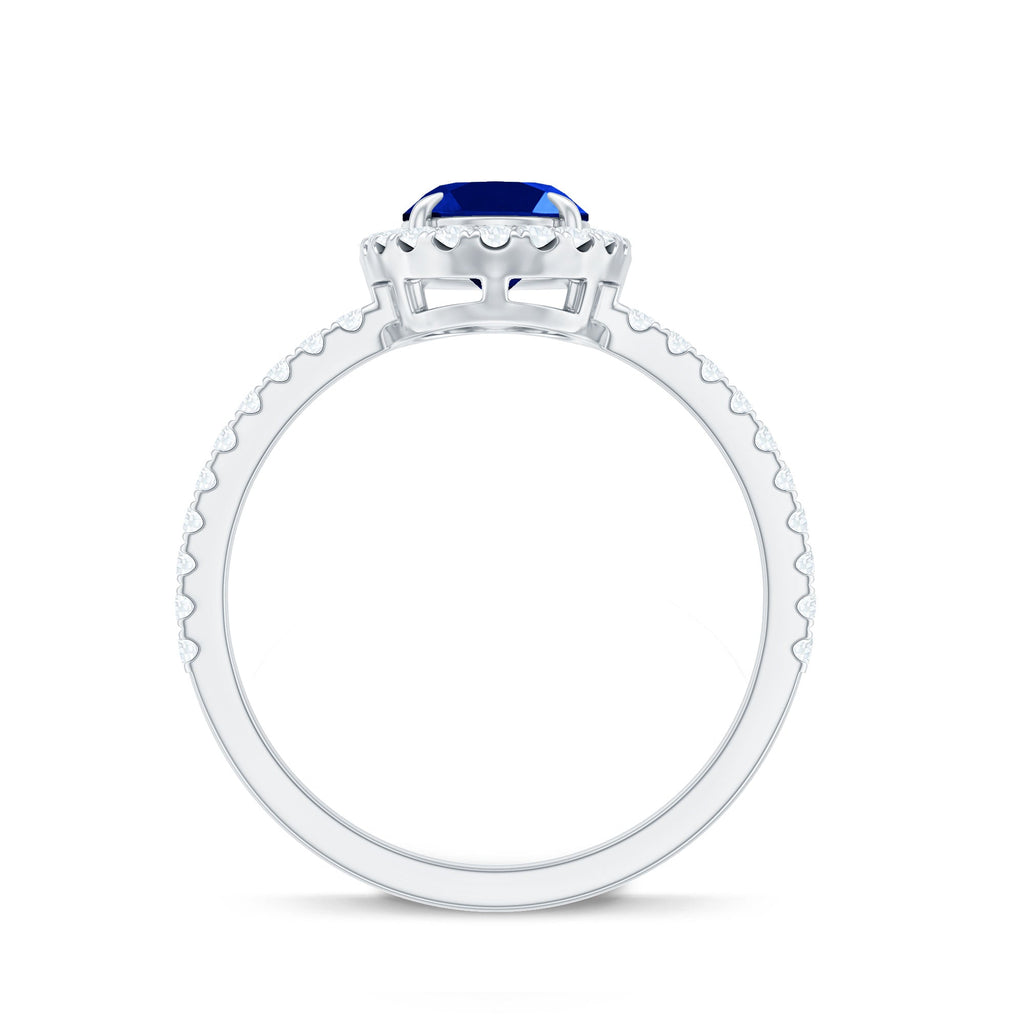 Certified 1.5 Carat Oval Lab Grown Blue Sapphire  Engagement Ring with Diamond Halo