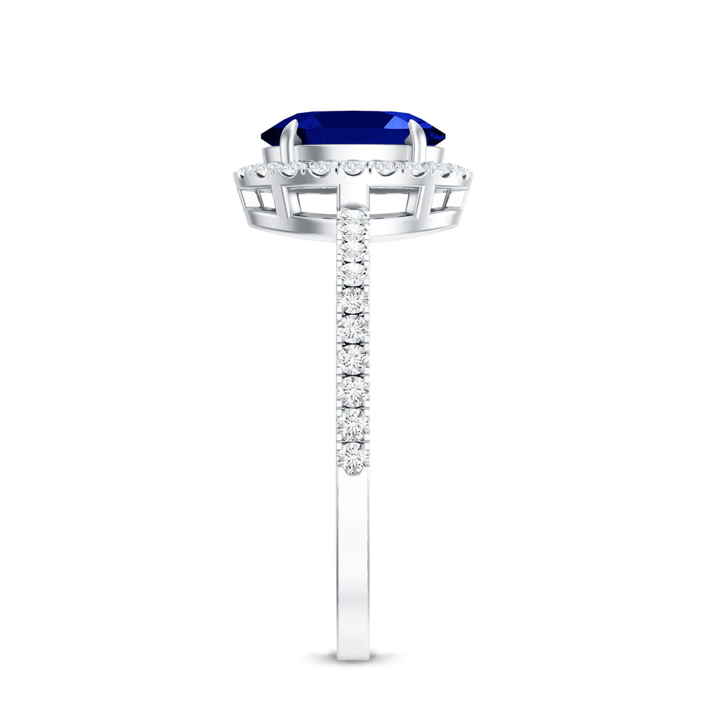 Certified 1.5 Carat Oval Lab Grown Blue Sapphire  Engagement Ring with Diamond Halo