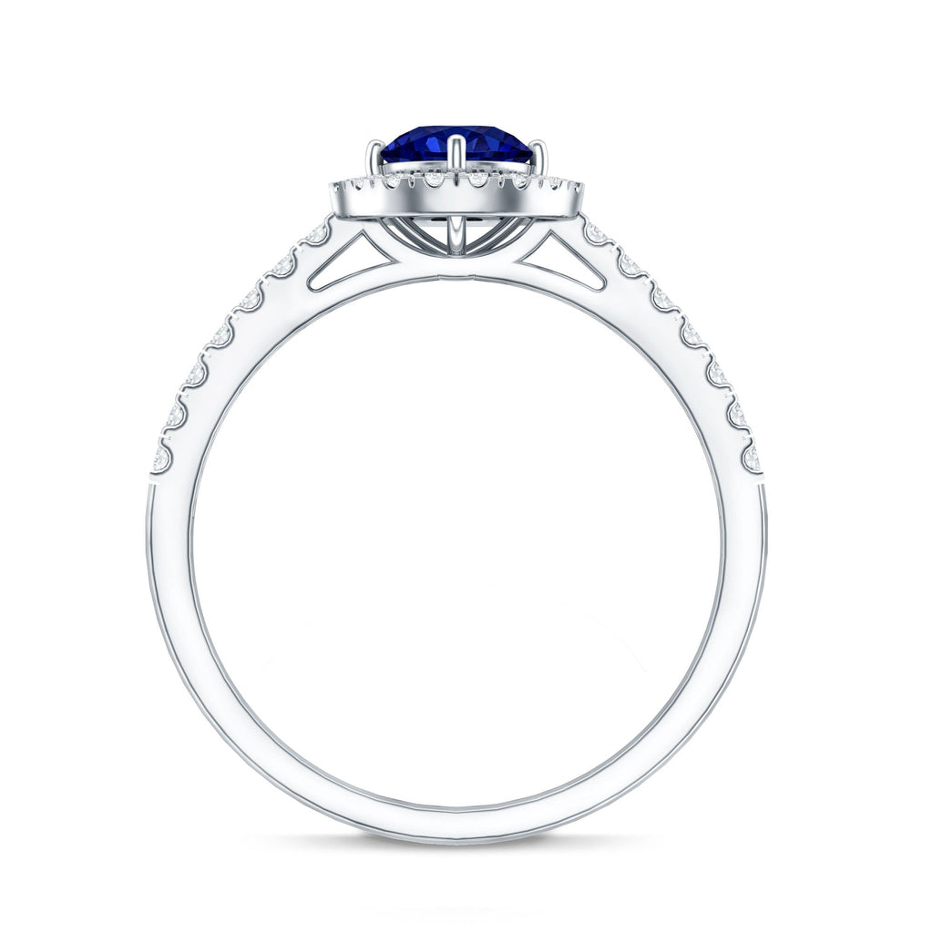 Certified 0.6 Carat Lab Grown Blue Sapphire Diamond Engagement Ring with Halo