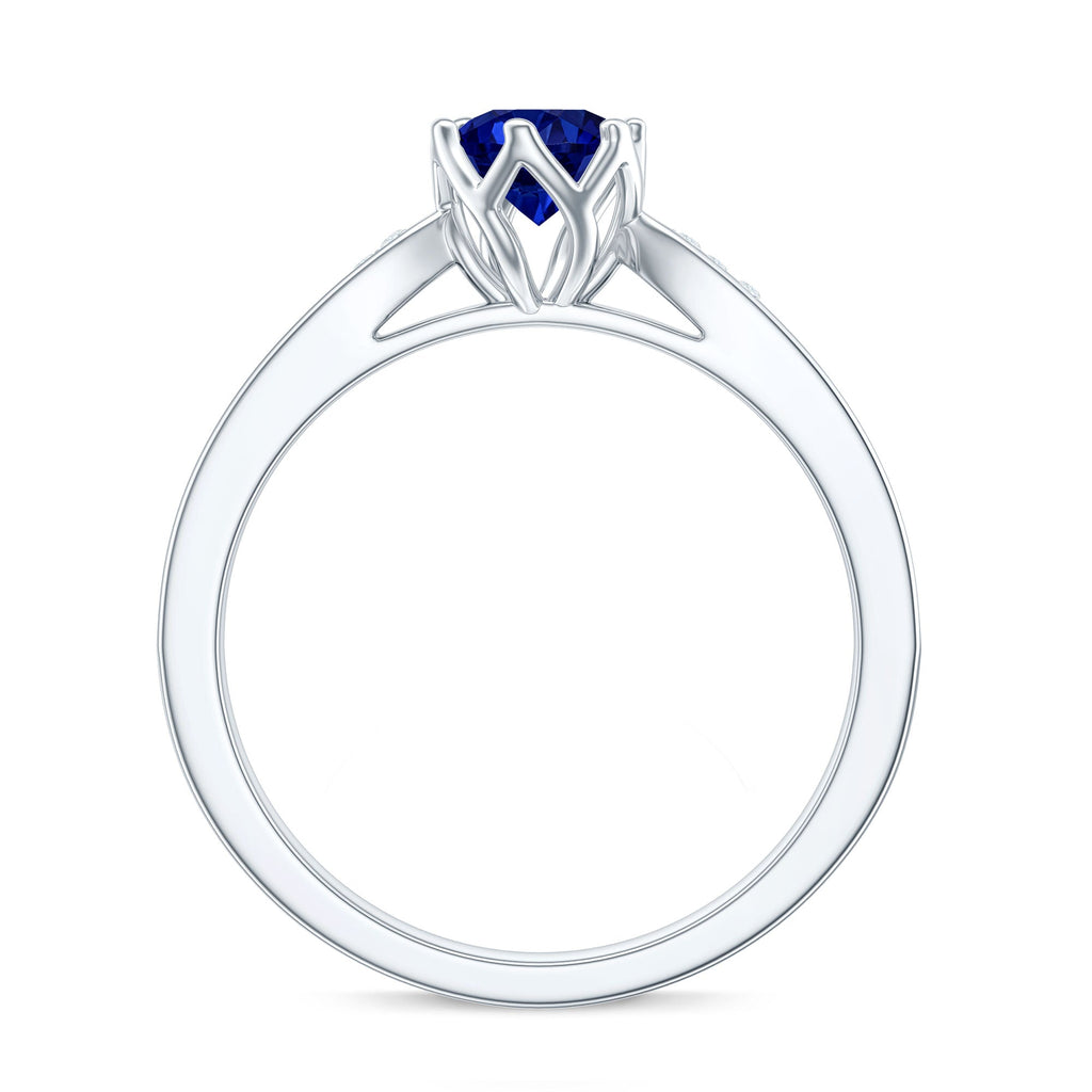 Certified Lab Created Blue Sapphire Minimal Engagement Ring with Diamond Side Stones