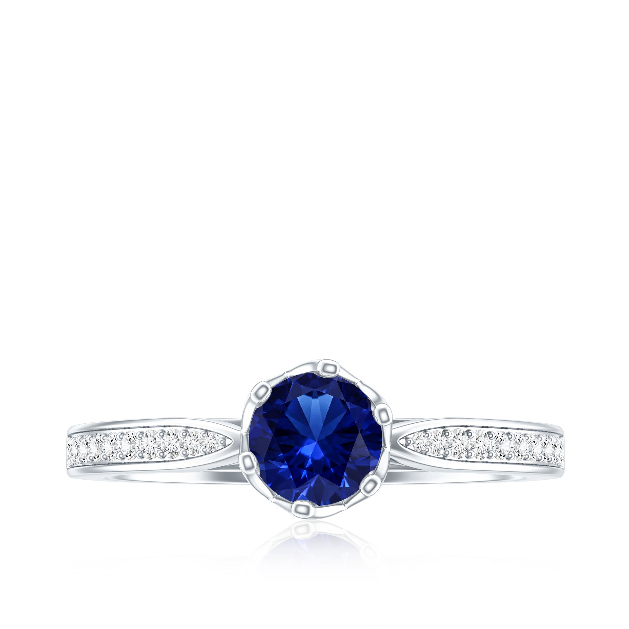 Certified Lab Created Blue Sapphire Minimal Engagement Ring with Diamond Side Stones