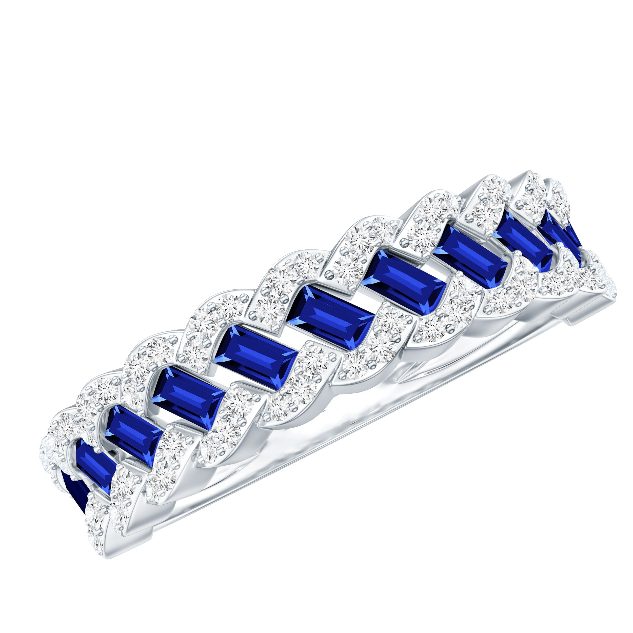 Certified Baguette Lab Grown Blue Sapphire Half Eternity Band with Diamond