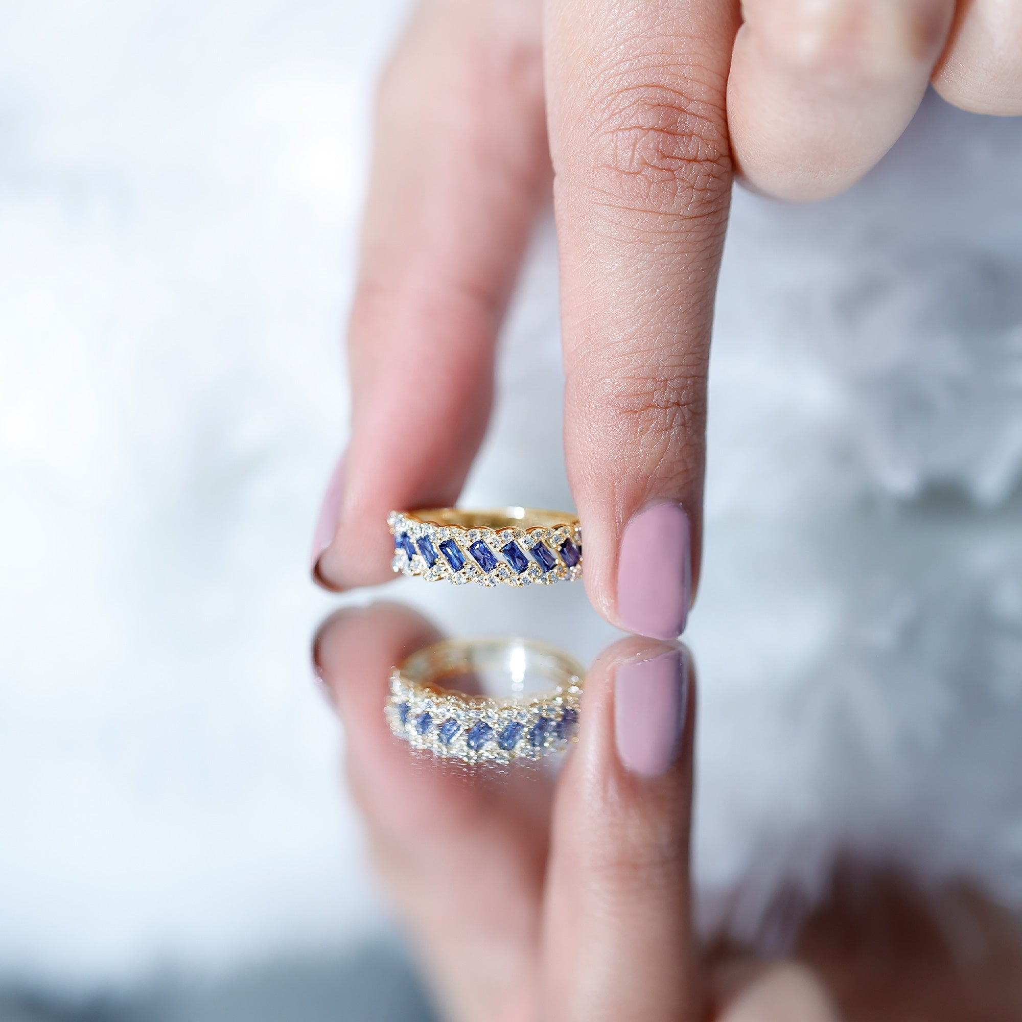 Certified Baguette Lab Grown Blue Sapphire Half Eternity Band with Diamond
