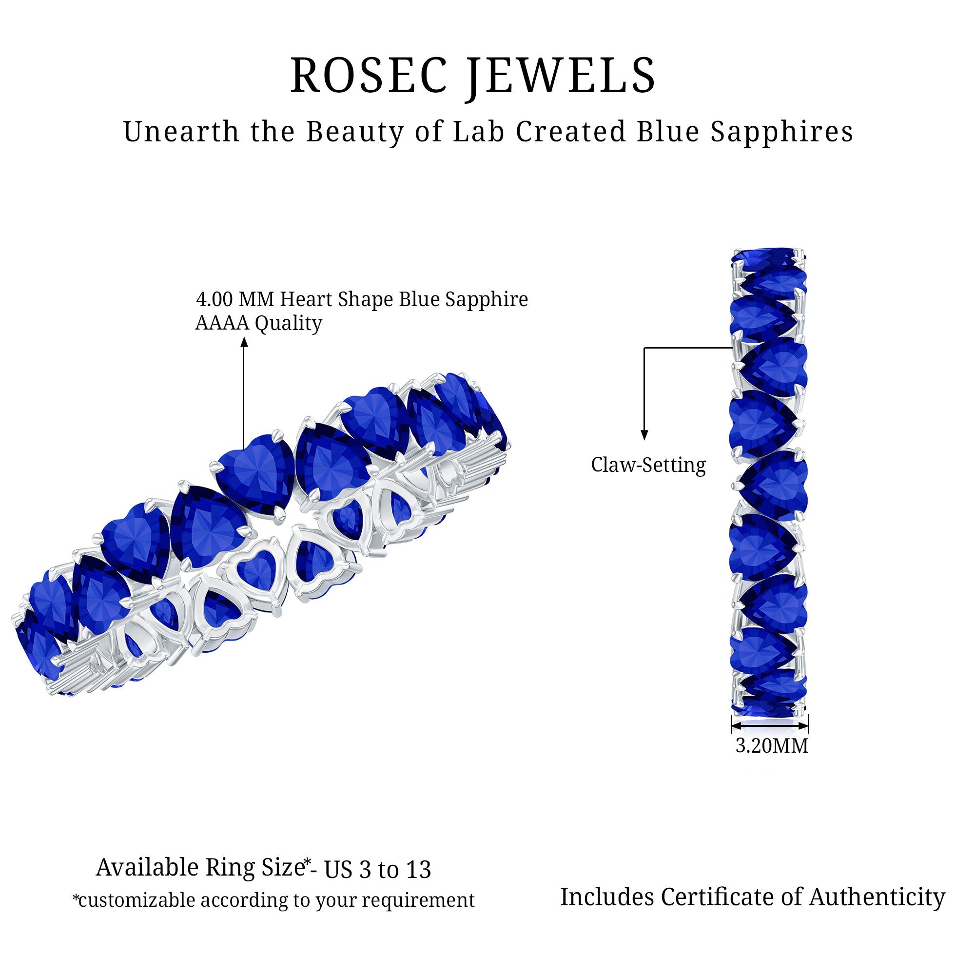 Certified Lab Grown Blue Sapphire Heart Eternity Band for Women