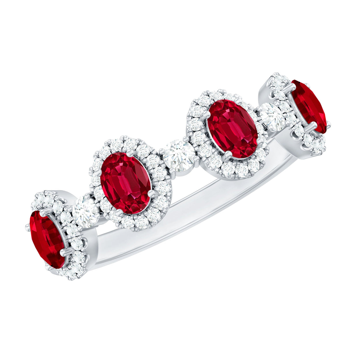 Oval Lab Created Ruby and Diamond Half Eternity Wedding Band
