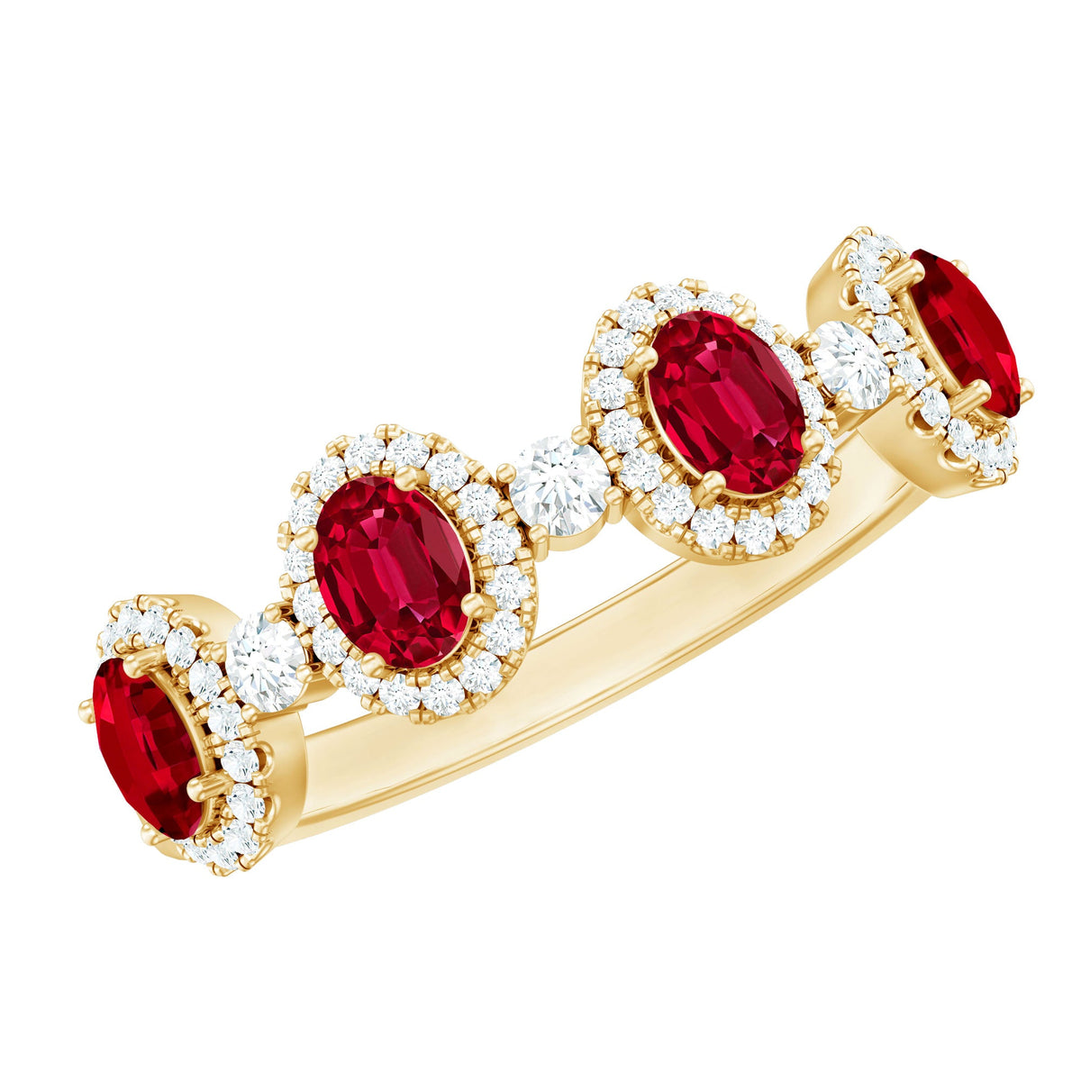 Oval Lab Created Ruby and Diamond Half Eternity Wedding Band