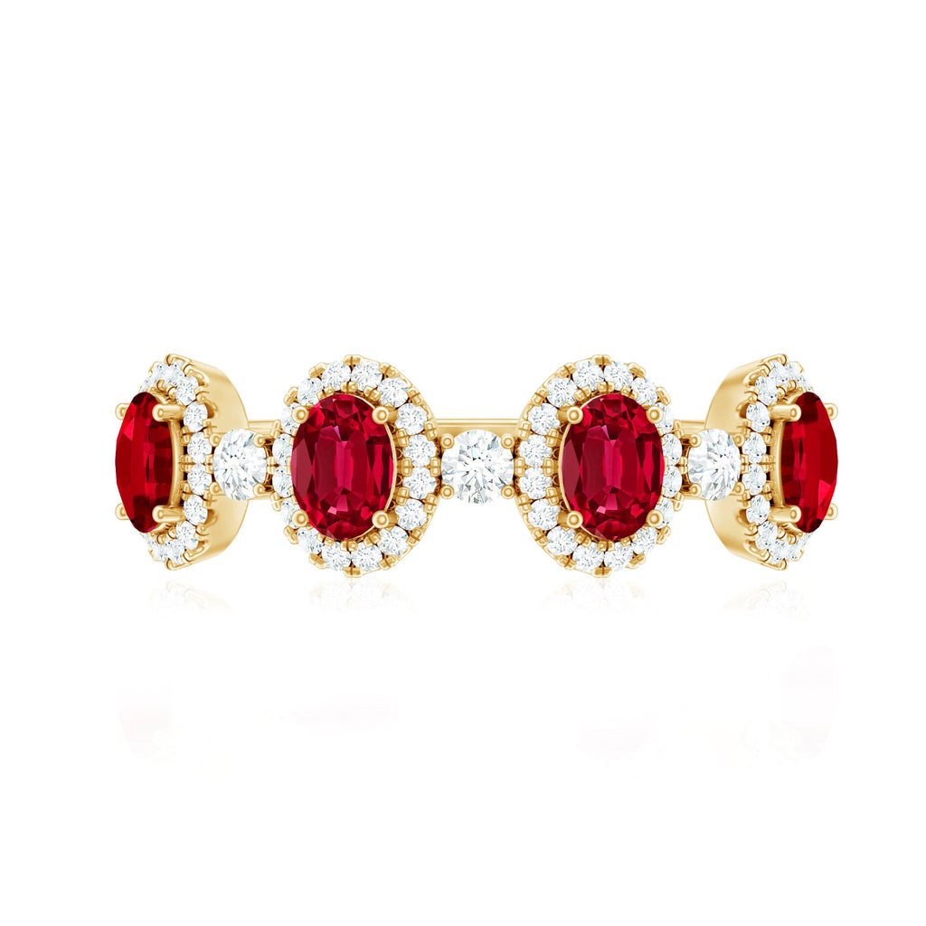 Oval Lab Created Ruby and Diamond Half Eternity Wedding Band