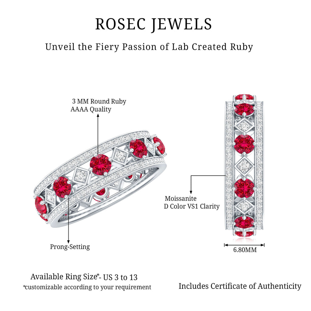 Lab Grown Ruby Vintage Wedding Band Ring With Moissanite