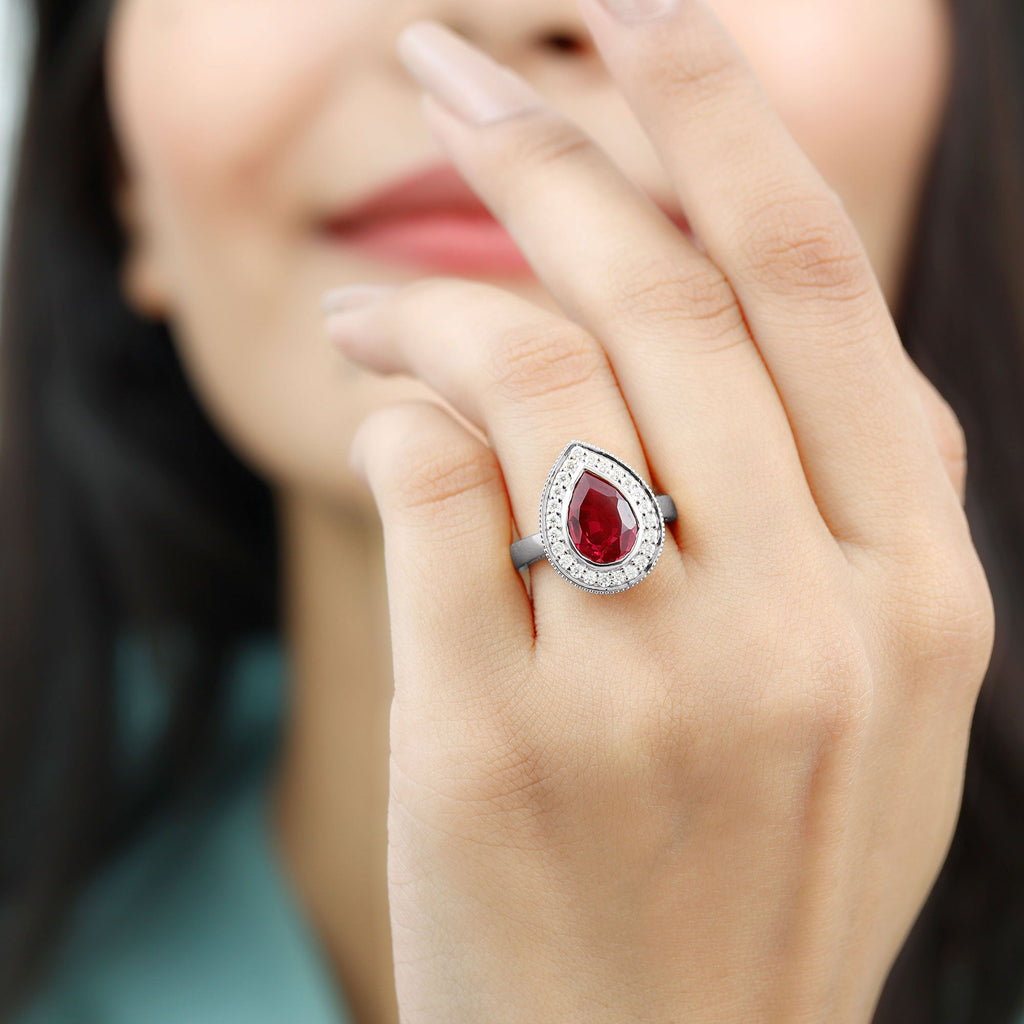 2.9 Carat Lab Created Ruby Teardrop Engagement Ring with Diamond Halo