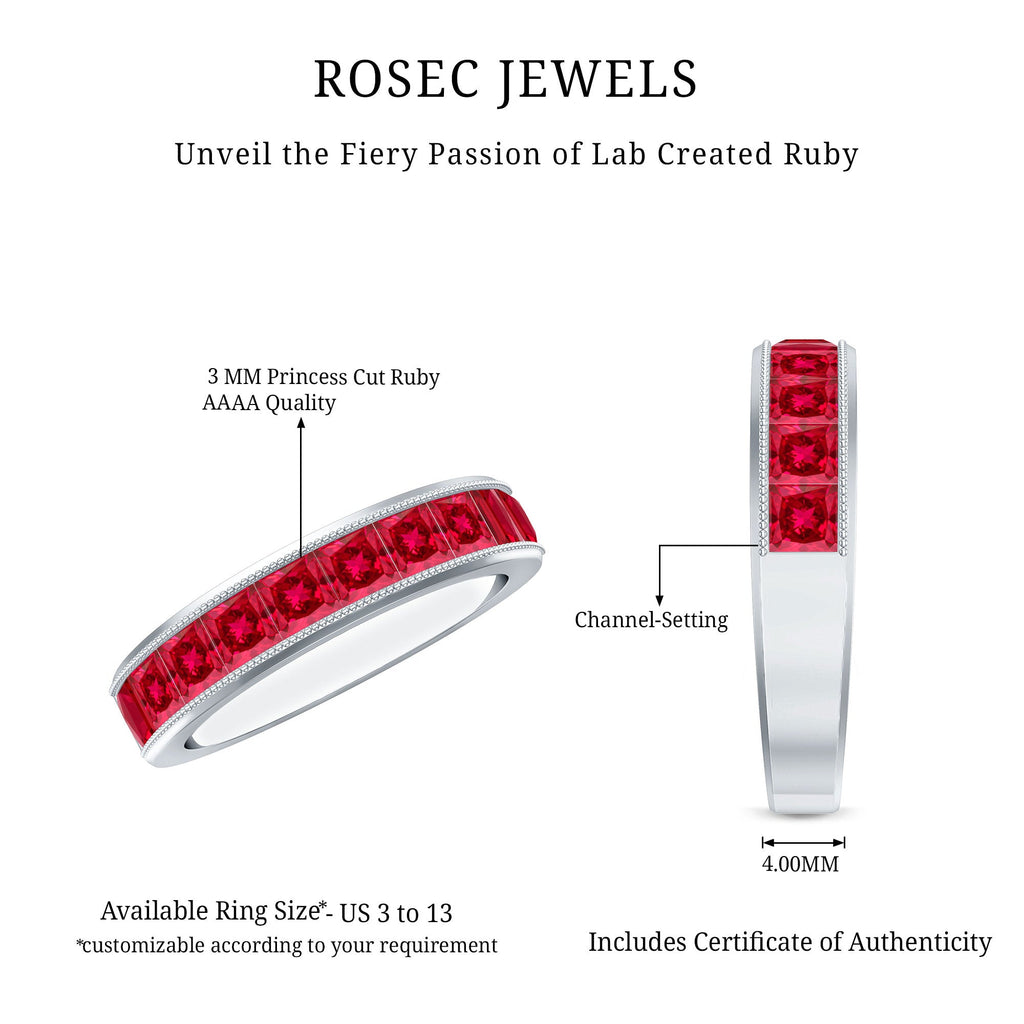 Channel Set Lab Grown Ruby Princess Cut Eternity Band with Milgrain