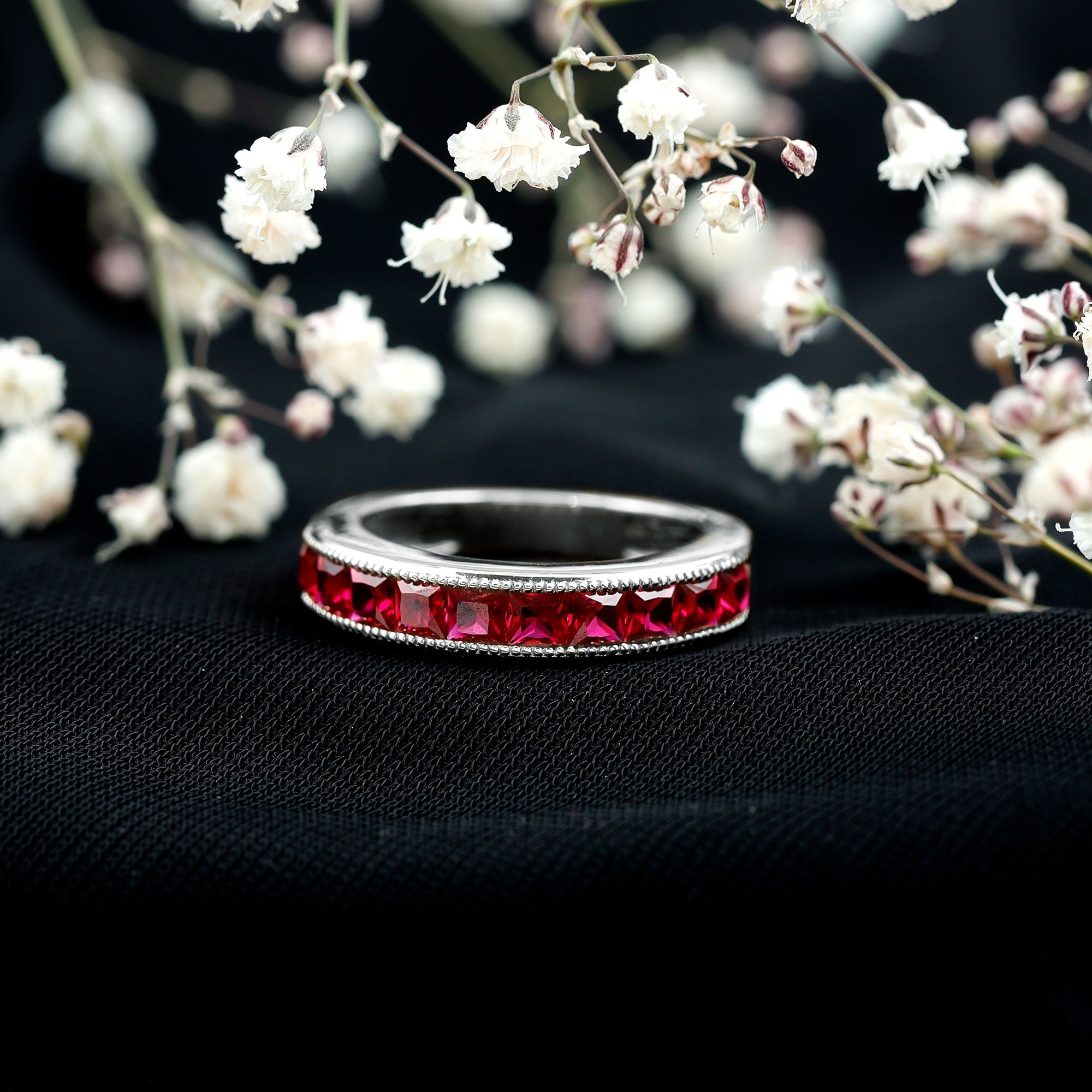 Channel Set Lab Grown Ruby Princess Cut Eternity Band with Milgrain