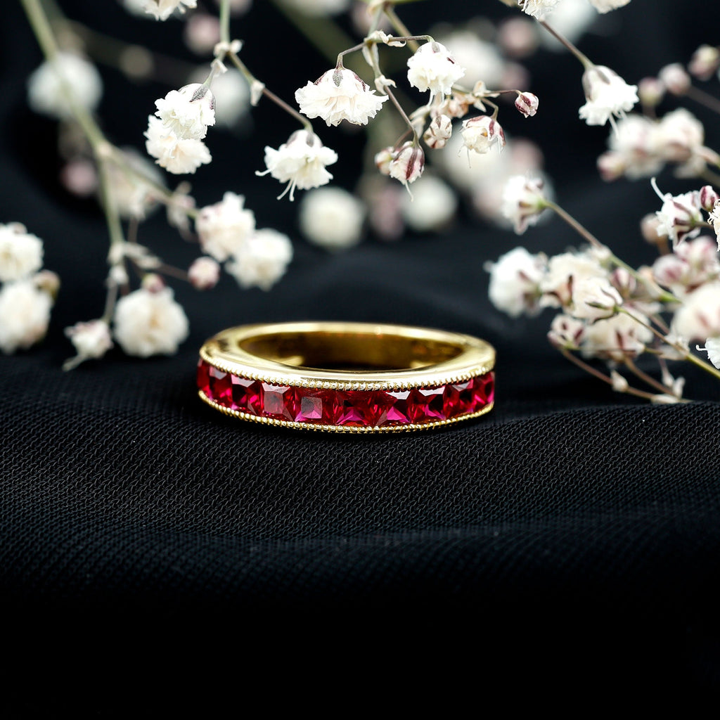 Channel Set Lab Grown Ruby Princess Cut Eternity Band with Milgrain