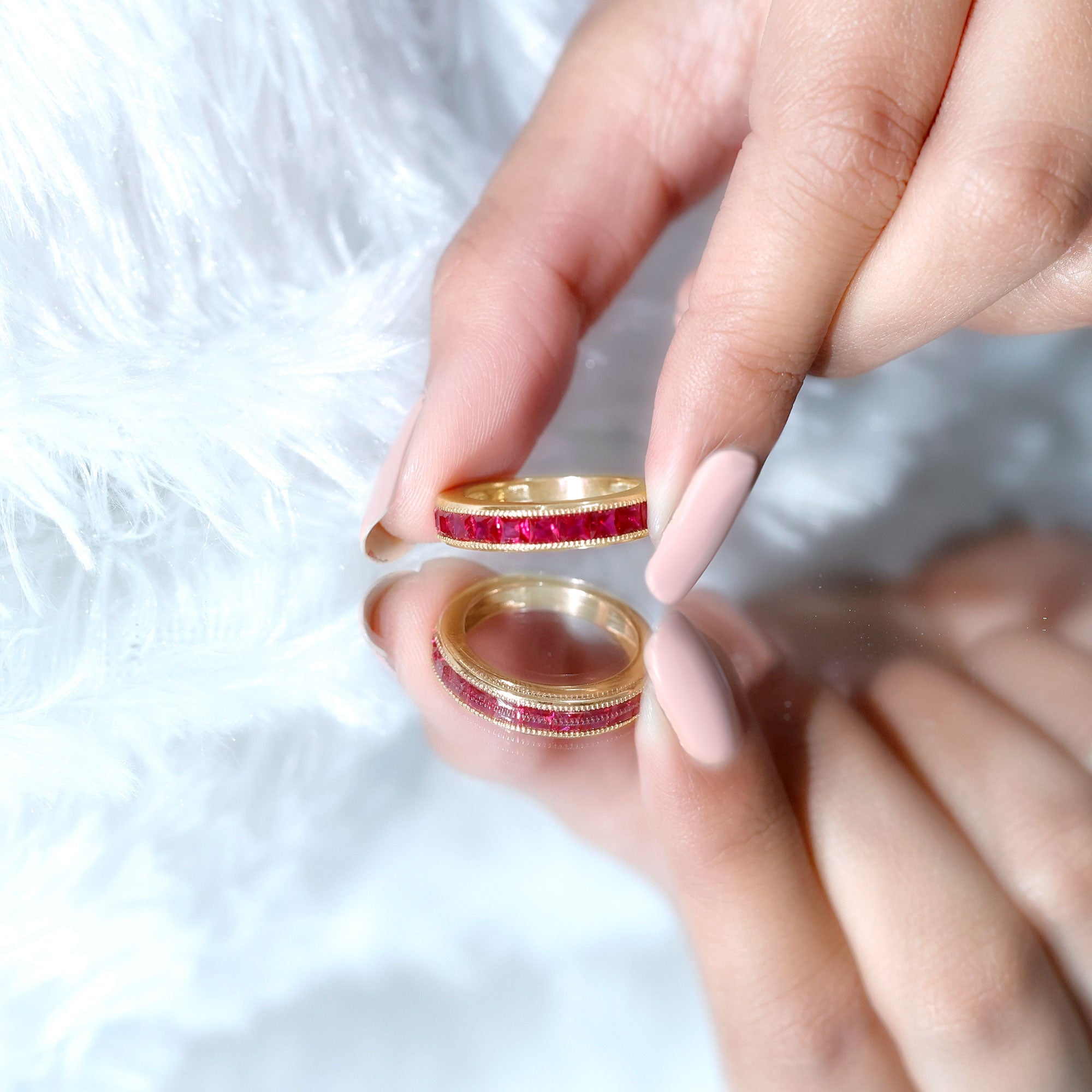 Channel Set Lab Grown Ruby Princess Cut Eternity Band with Milgrain